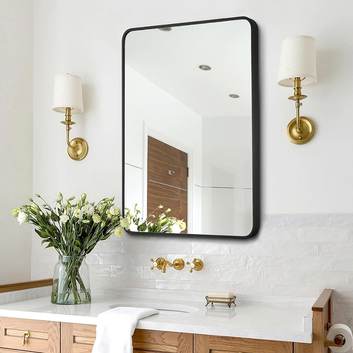 24x36 Inch Rectangle Bathroom Mirror with Black Metal Frame, Rounded Corner Rectangular Vanity Mirror for Wall, Modern Large for Bedroom, Living Room, Horizontal or Vertical