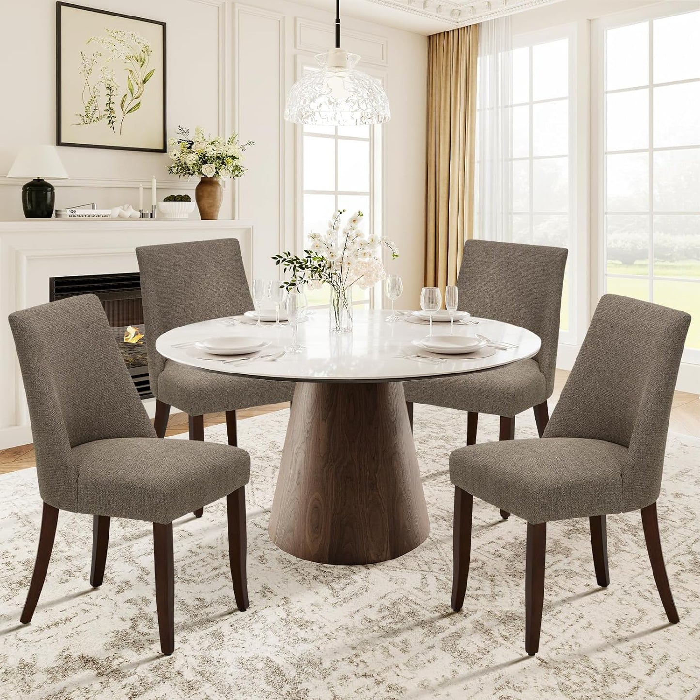 COLAMY Upholstered Dining Chairs Set of 4, Mid Century Modern Kitchen Chairs with Back, Farmhouse Fabric Side Dining Room Chairs with Wood Legs for Dining Room Restaurant, Brown