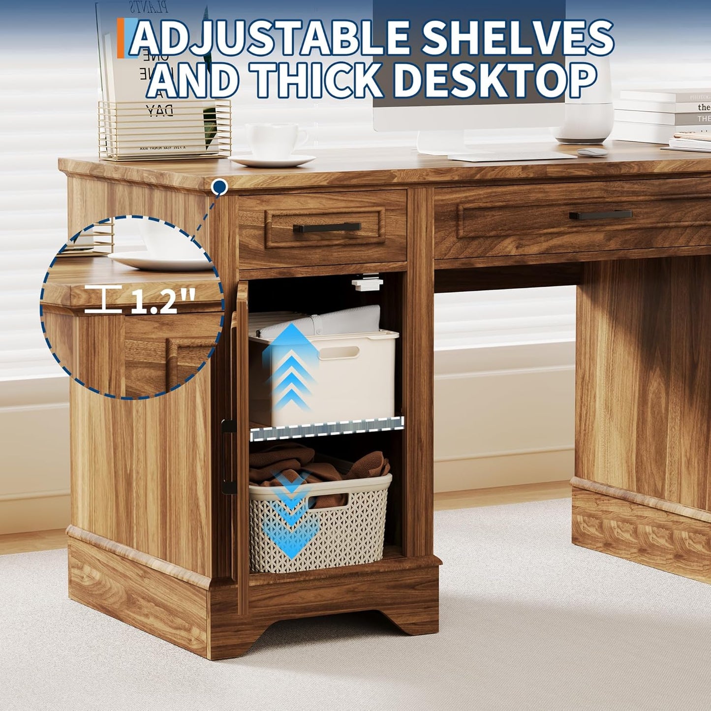 Executive Office Desk, Farmhouse 58" Office Desk with Storage, Wood Executive Computer Desk with Keyboard Tray, File Drawer, Storage Cabinet for Home Office Remote Work-Brown Wood