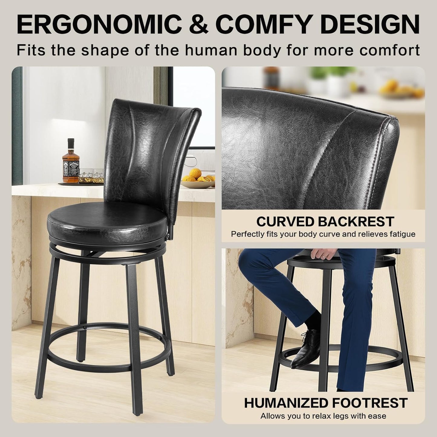 Bar Stools Set of 2, Counter Height Swivel Bar Chair with High Backrest, 24 inch Round Seat Barstools for Kitchen Island, Pub, Metal Base, Upholstered PU Leather Dining Chairs Black