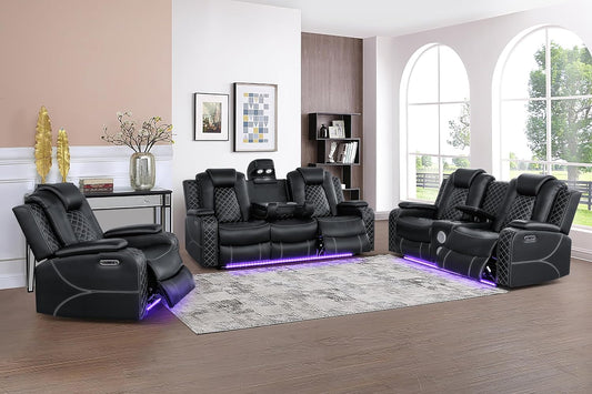 Ball & Cast Power Recliner Sofa Set Leather Reclining Sofa Set Living Room Furniture Set 3PCS Recliner Couch Loveseat and Chair Sets with LED,USB Charging,Cup Holders,Storage Console for Home Theater