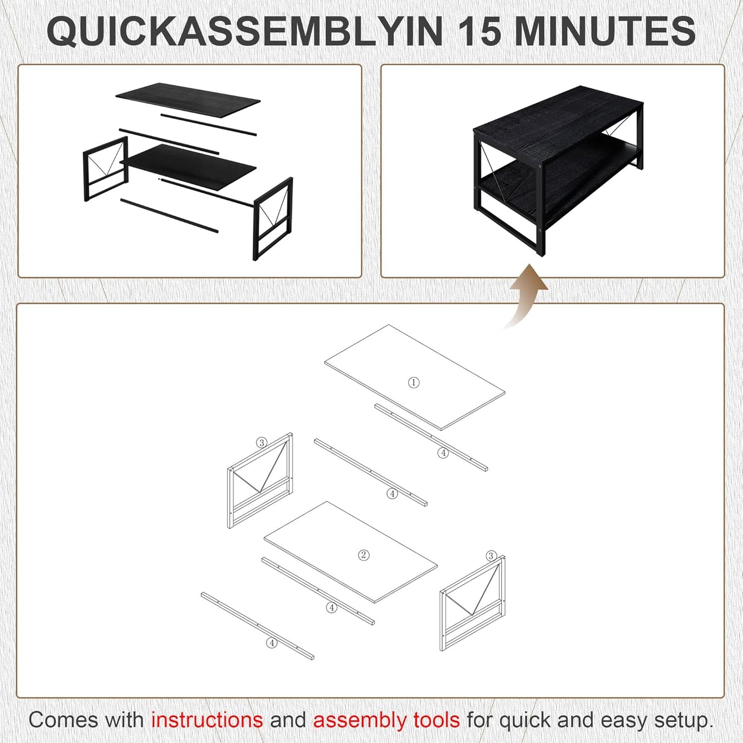 Rectangle Coffee Table Tea Table with Storage Shelf, Farmhouse Wooden Coffe Table for Living Room Table, 40" Rustic Center Table 2-Tier Minimalist Coffee Table Easy Assembly (Black)