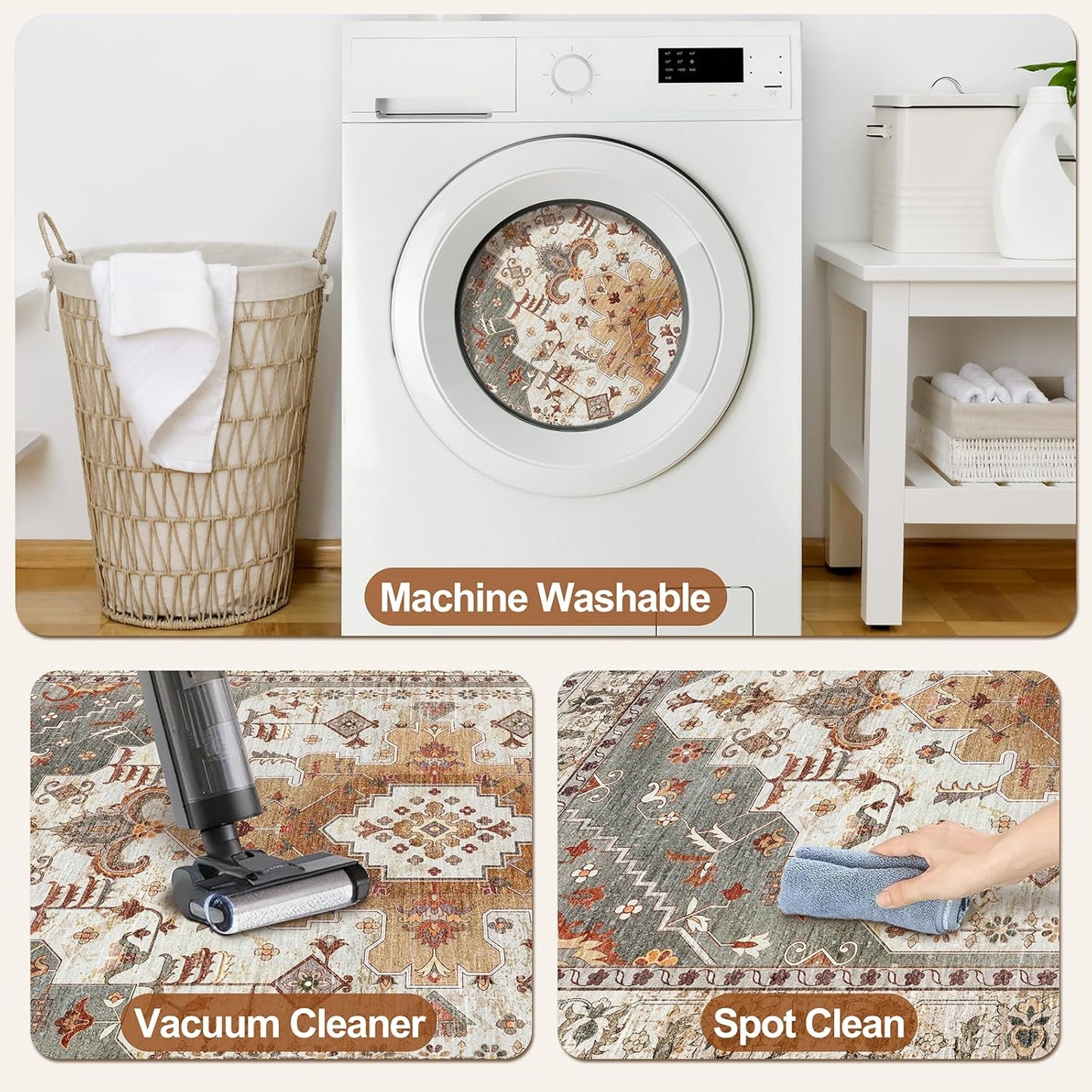 Tangsoo Vintage Round Rug 4ft, Washable Circle Rug, Non Slip Small Boho Round Rug, Low Pile Circular Rugs, Round Carpet for Bedroom,Entryway,Nursery,Dorm,Kitchen,Turmeric