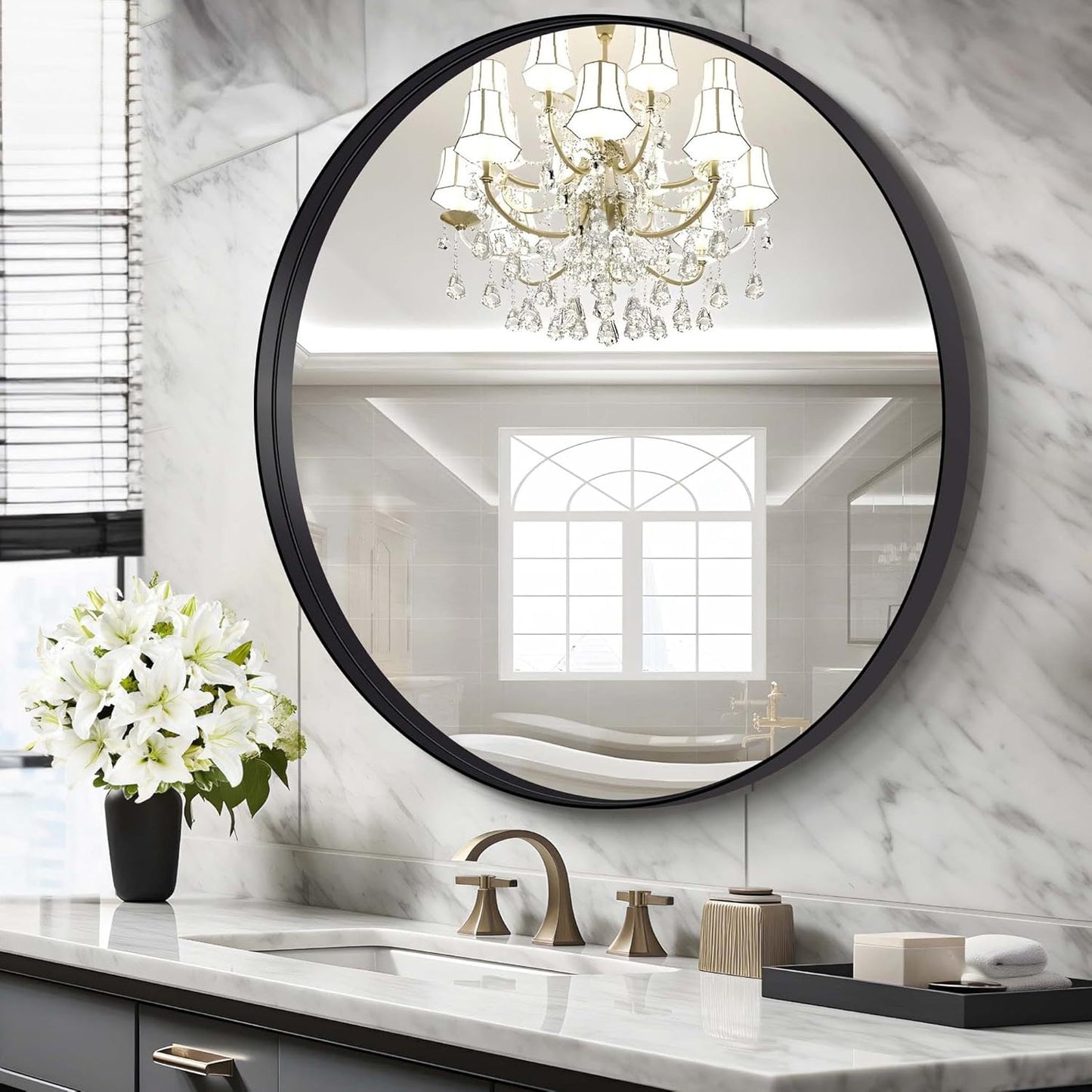 Black Round Mirror 39 inch Deep Frame Circle Mirror,Metal Frame Round Bathroom Mirror, Circle Mirrors for Wall Entryway Washroom Bedroom Living Room Hallway