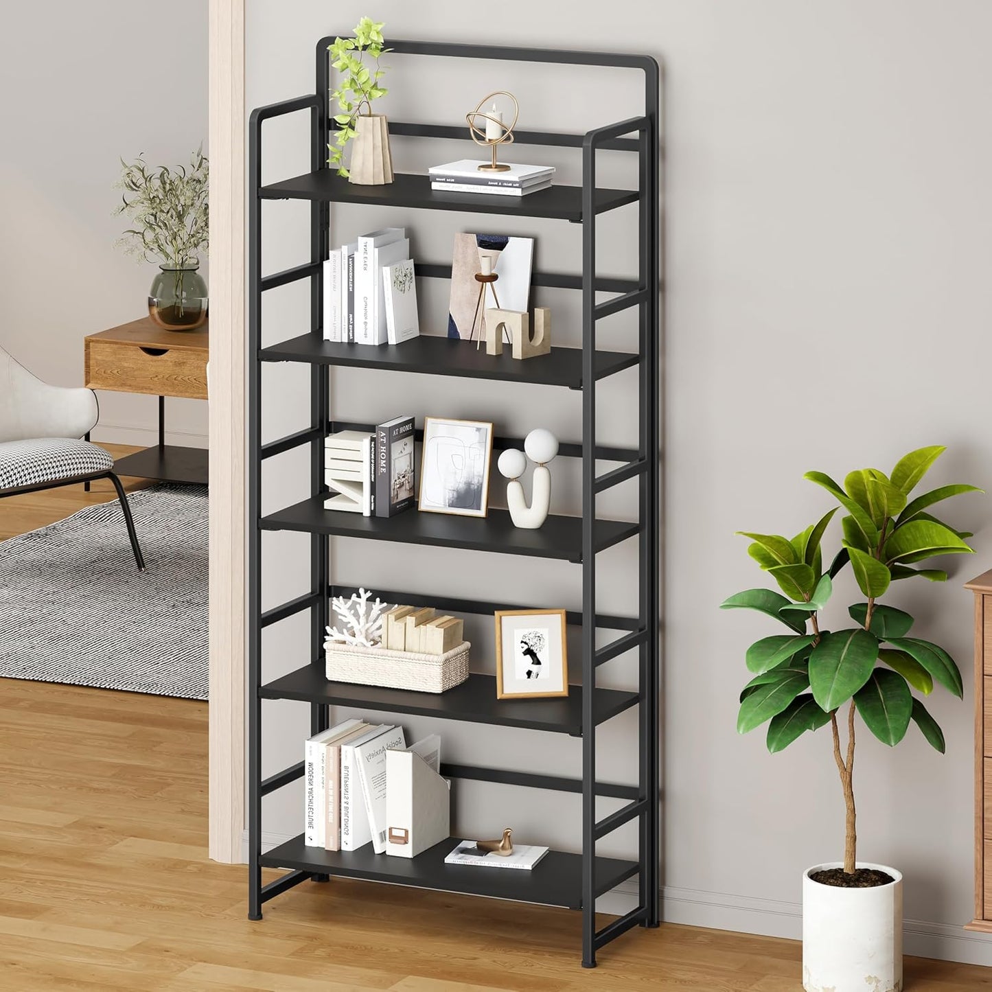 No Assembly Folding Bookshelf, 5 Tiers Collapsible Book Shelf for Home Office, Vintage Wood Foldable Bookcase Storage Organizer for Living Room Bedroom (Black)