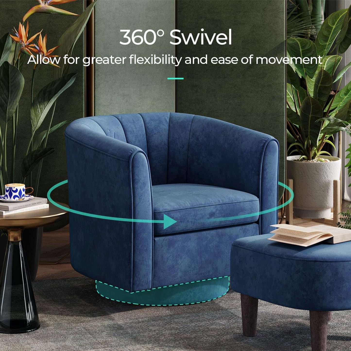 LINSY Swivel Accent Chair with Ottoman: Small Velvet Barrel Chair 360 Swivel Modern Armchair, Upholstered Reading Chair with Footrest for Living Room Bedroom Study Room (Blue)