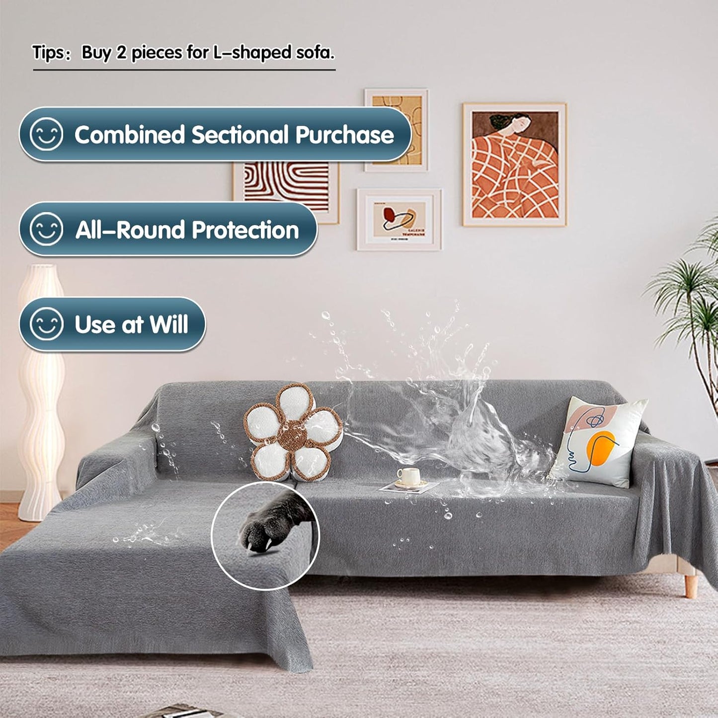 STACYPIK Waterproof Gray Couch Cover for Dogs, Non-Slip Sofa Covers for 3 Cushion Couch,Washable Sectional Cover for L-Shaped, Anti-Scratch Loveseat Cover, Pet-Friendly Furniture Protector-71X134IN