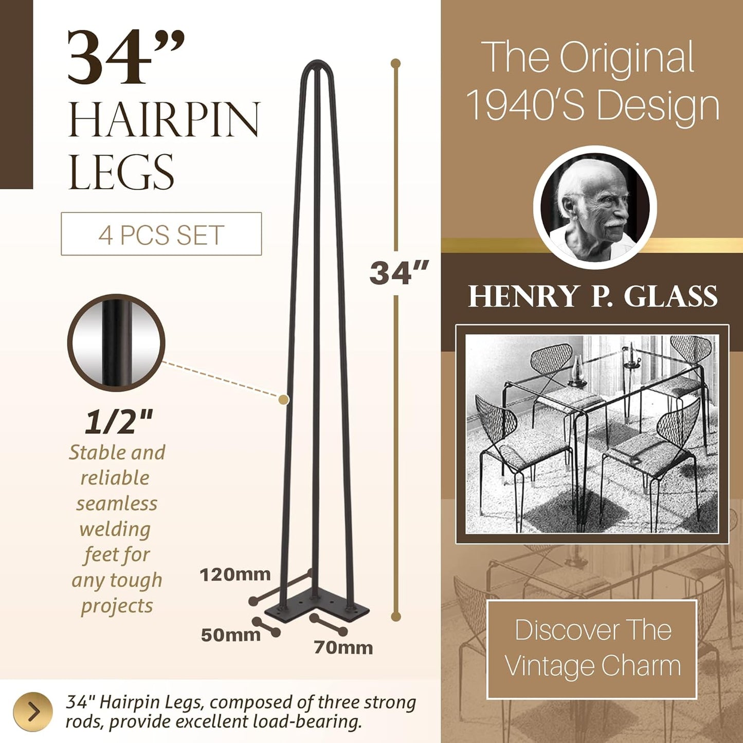 TEN49 Heavy Duty Hairpin Table Legs - 34 Inch Industrial Black Furniture Legs - 1/2" Extra Thickness 3 Solid Rods Metal Table Legs - Fit for Mid-Century Modern Console Desk, Entryway Table Legs