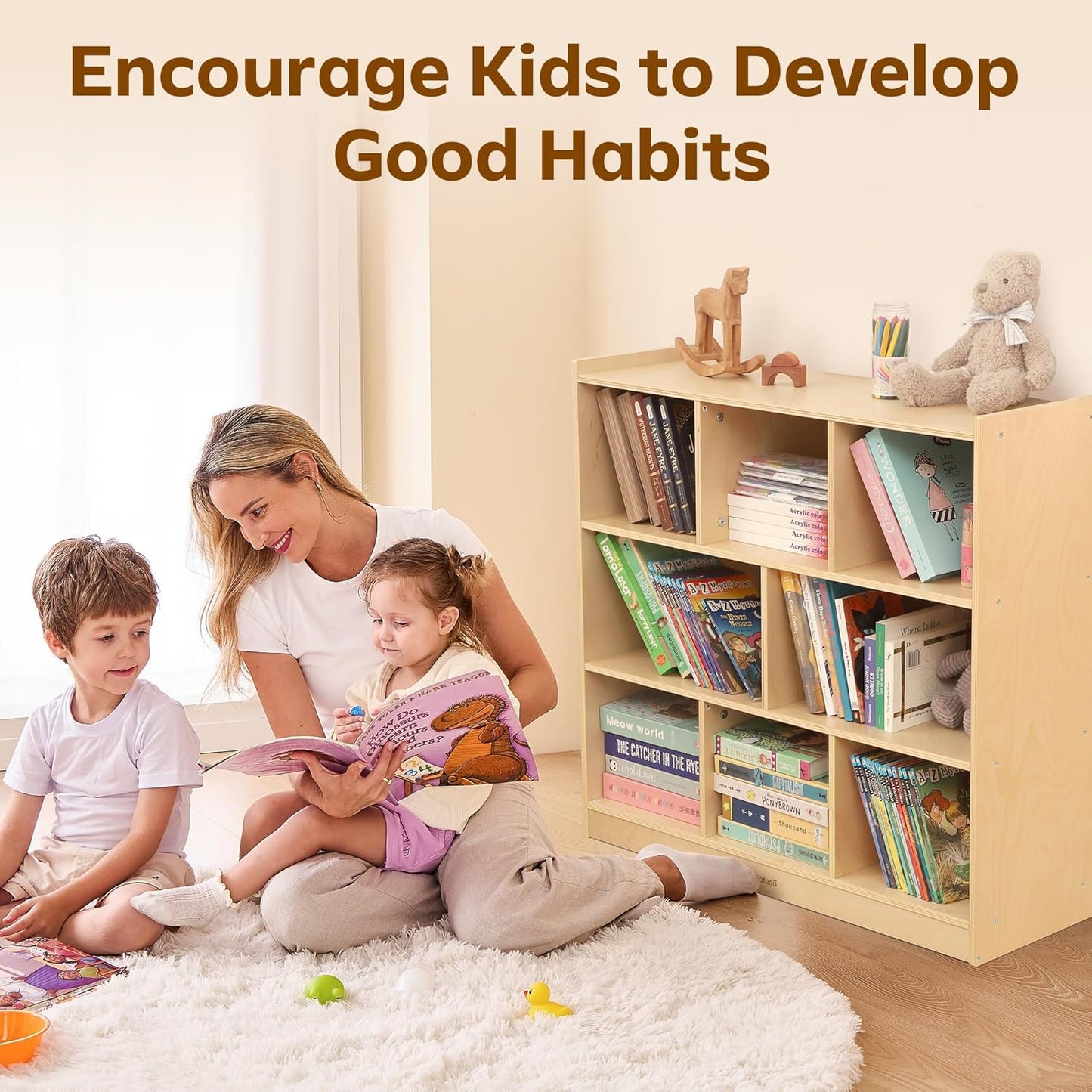 Toy Storage Organizer for Kids Room, Wooden Kids Bookshelf for Classroom, Cube Storage Organizer for Playroom, 8-Section Montessori Bookshelf & Toy Shelf for Nursery