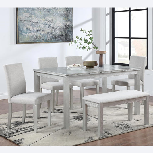 soges 6 Piece Wooden Dining Table Set, Dining Room Table with 4 Upholstered Chairs and Bench, Rectangular 6-Person Kitchen Dining Table Set with Crystal Decoration, Silver Grey