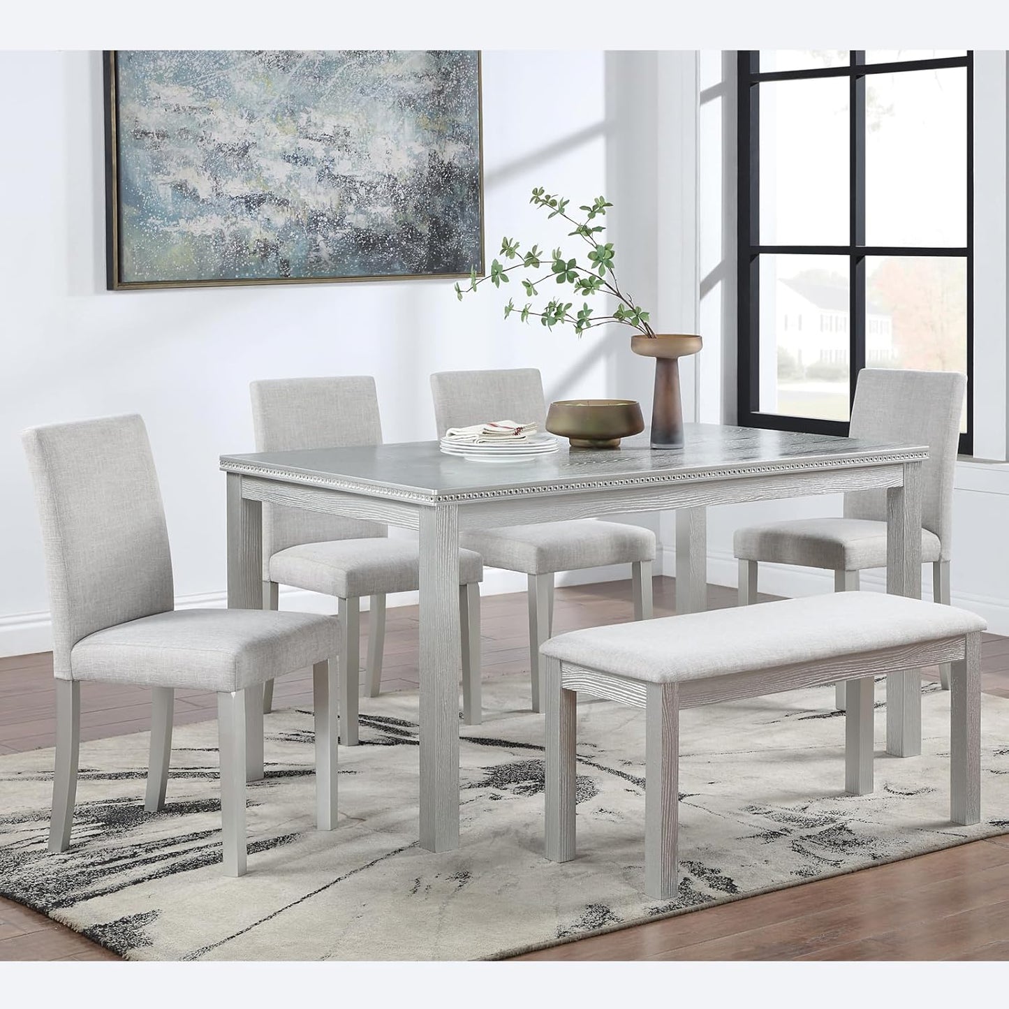 Ball & Cast 6 Piece Dining Table Set,Kitchen Table Set for 6 W/ 58.5" Rectangular Wooden Dining Table,Living Room Furniture W/ 4 Upholstered Chairs & 1 Bench,for Dining Room,Kitchen,Silver Grey