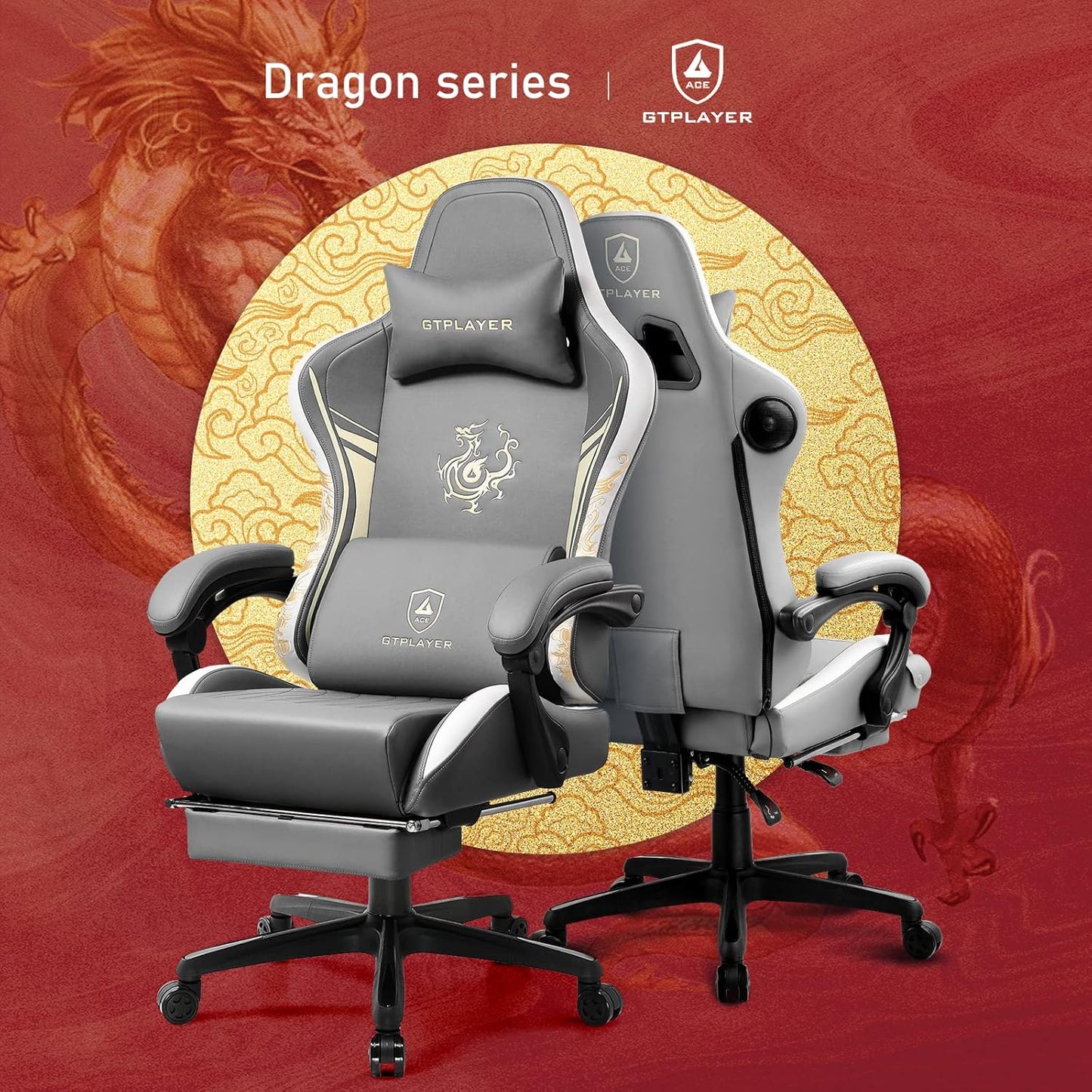 GTPLAYER Gaming Chair with Bluetooth Speakers and Footrest, Dragon Series Video Game Chairs, Heavy Duty Ergonomic Chairs, Esports Gaming Computer Office Chair (Gray)