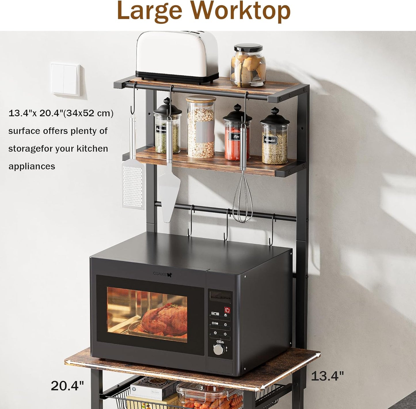 Kitchen Bakers Rack, 6-Tier Microwave Stand with Storage, Multifunctional Coffee Bar with Mesh Basket, Tall Utility Kitchen Storage Shelf, 5 Hooks, Easy Assembly, Rustic Brown