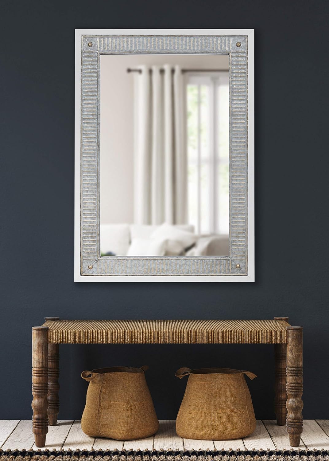 Kate and Laurel Deely Farmhouse Wall Mirror, 27 x 39, White and Silver, Rustic Wall Decor with Galvanized Metal Frame