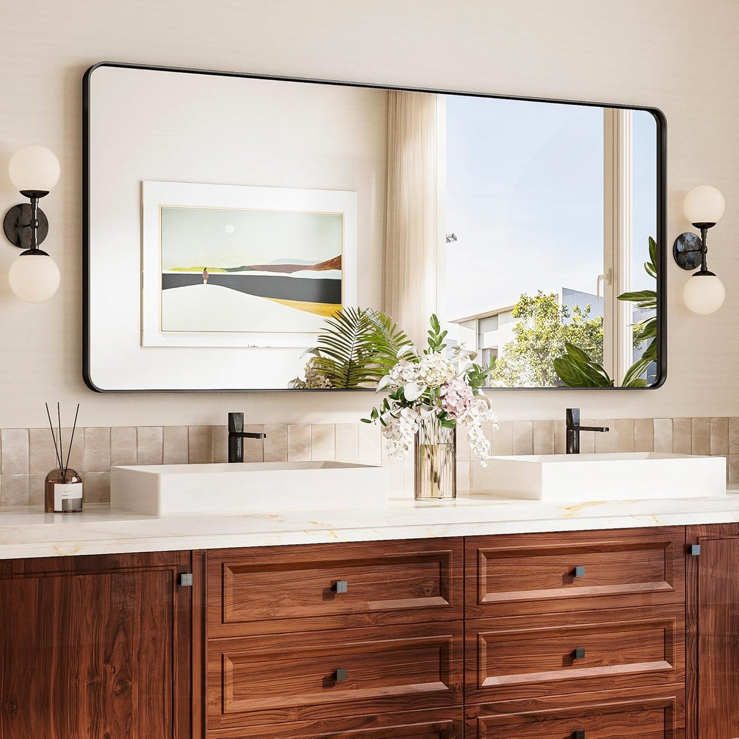 TokeShimi 60x28 Wall Mirror for Bathroom,Matte Black Bathroom Vanity Mirror,Tempered Glass,Large Rectangle Mirror,Rustproof Framed Bathroom Mirror(Horizontal/Vertical)