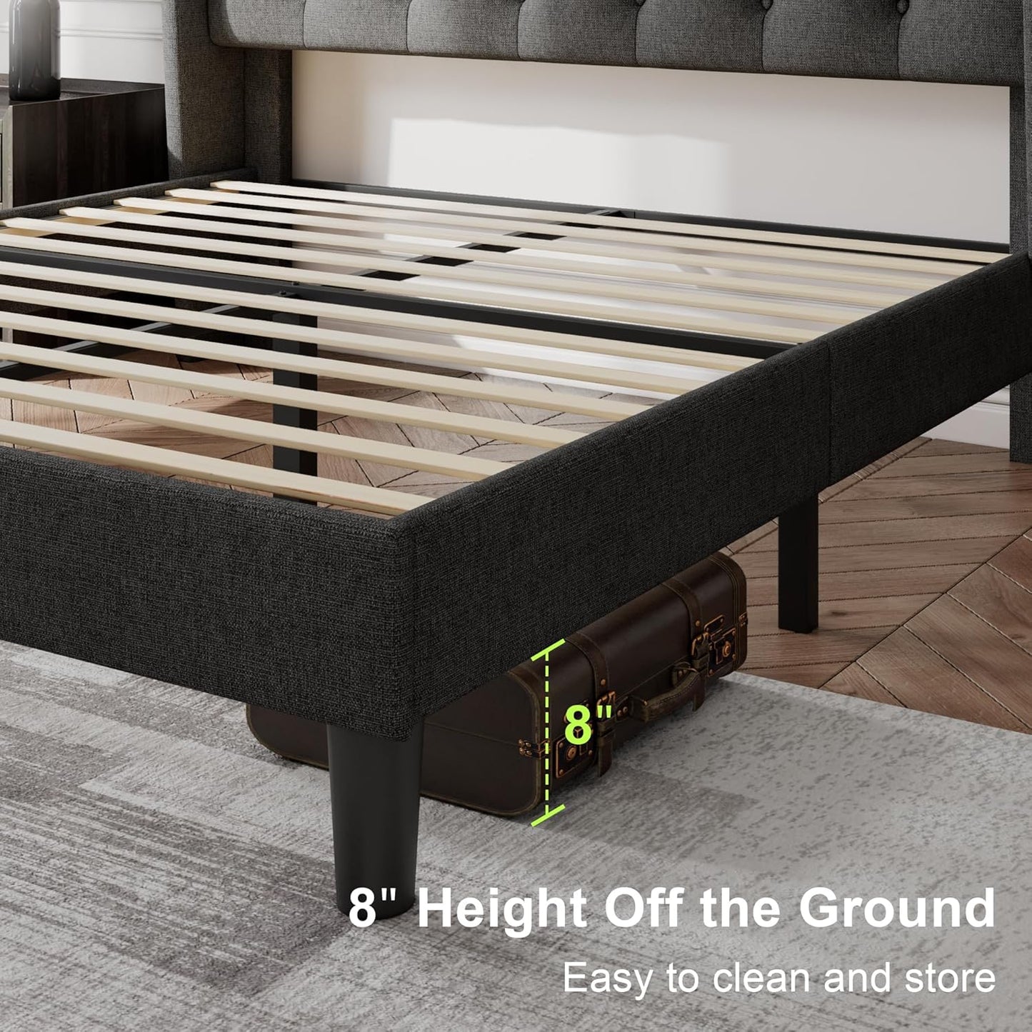 Feonase Queen Size Bed Frame with Diamond Tufted Wingback Headboard, Morden Upholstered Platform Bed, Sturdy Wooden Slats Support, Noise-Free, No Box Spring Needed, Easy Assembly, Dark Gray