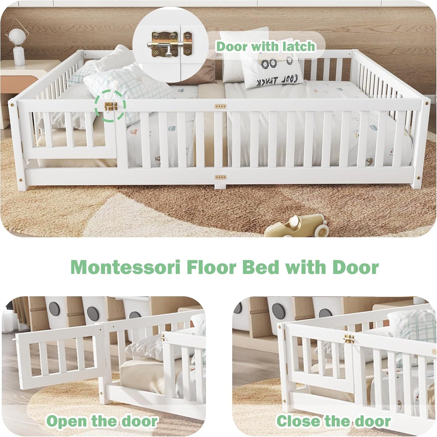 Queen Size Floor Bed Frame with Slats and Safety Guardrail, Wood Queen Size Montessori Floor Bed with Door and Fence, Easy Assemble Montessori Beds for Kids, Girls, Boys, White