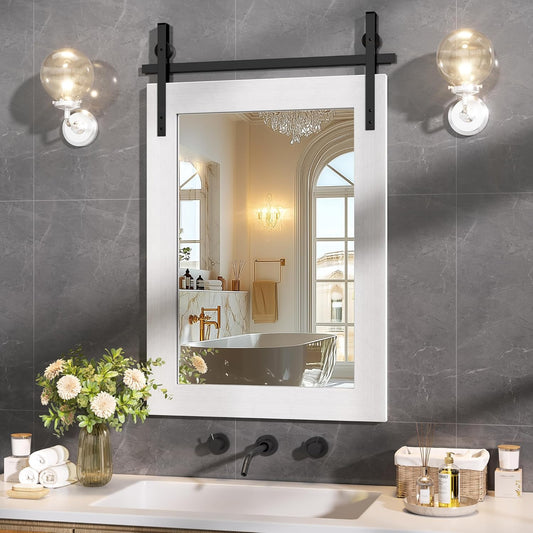Hasipu Farmhouse Bathroom Mirror, 22"x30" Rustic Wood Framed Wall Mounted Mirror, White Vintage Vanity Mirror Barn Door Style Decrative Mirrors