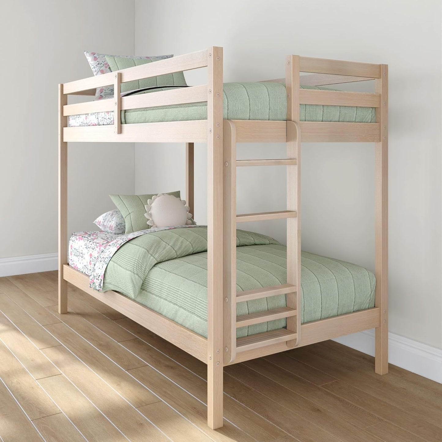 Grain & Grove Bear Twin Over Twin Bunk Bed, Sturdy Bunk Bed Frame for Kids, Plywood Bunk with Ladder, Guardrail, and Slats, No Box Spring Required, Oak Embossed Natural