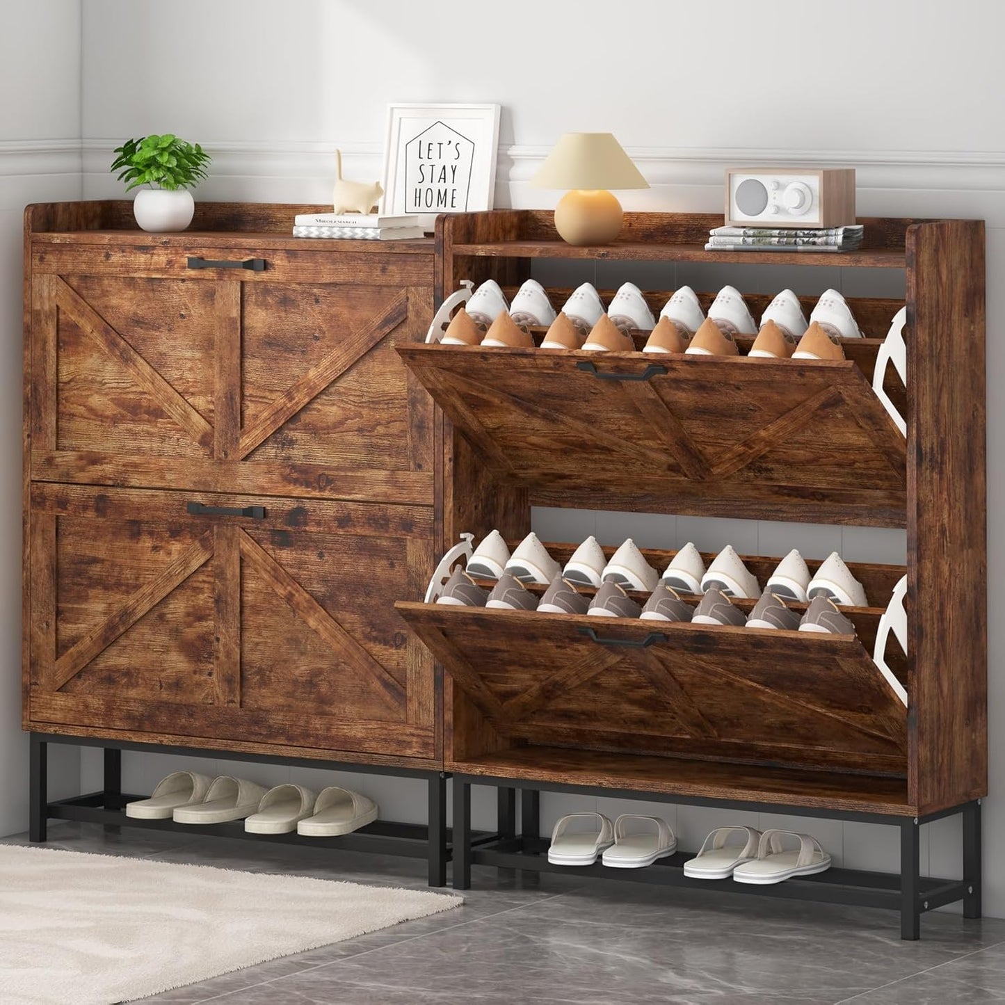 JSB Shoe Cabinet with 2 Flip Drawers, Freestanding Storage Organizer Shelf with Metal Legs, Narrow Shoe Rack Cabinet for Entryway (Rustic Brown, 2-Drawers)