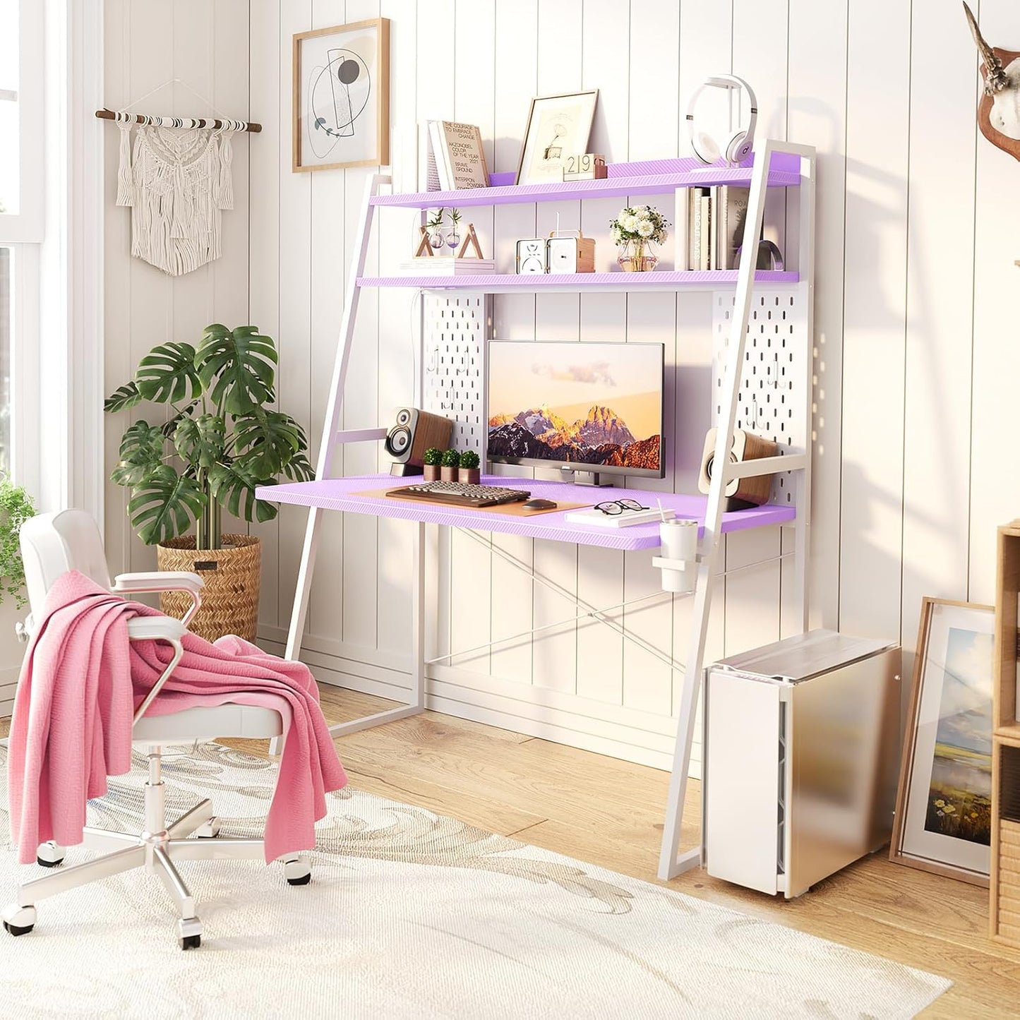 Gaming Desk with Hutch and LED Lights, Gaming Computer Desk with Power Outlets, Gamer Desk with Storage Shelves & Pegboards for Bedroom, Carbon Fiber Purple, 43"