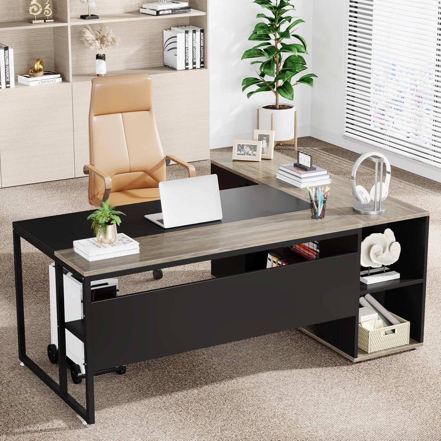 Tribesigns 71 inch Executive Desk, L Shaped Desk with Cabinet Storage, Executive Office Table with Shelves, Business Furniture Set Workstation for Home Office, Gray