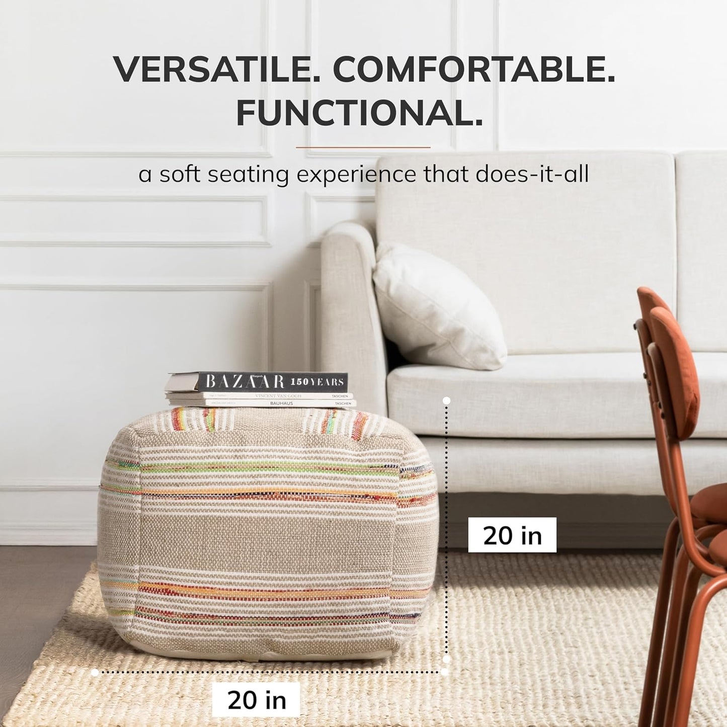 Anji Mountain 100% Handmade & Handcrafted Comfortable Home Décor Pouf Ottoman Footrest for Living Room, Bedroom, Nursery, Kidsroom, Patio Furniture - (20" x 20" x 20"- Multicolor,Beige,White)