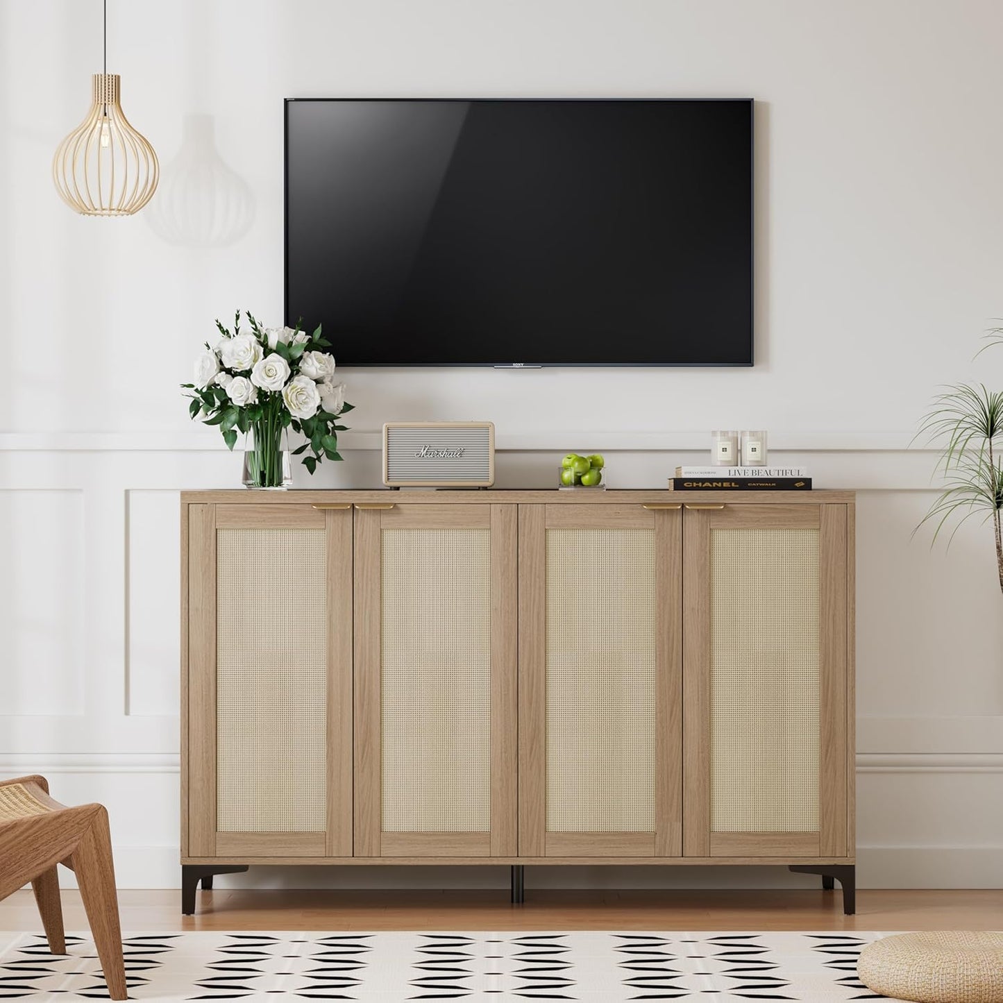 Sideboard Buffet Cabinet with Storage, 4 Doors Rattan Kitchen Cabinet with Adjustable Shelf, Accent Sideboard Entryway Console Table for Living Room, Natural