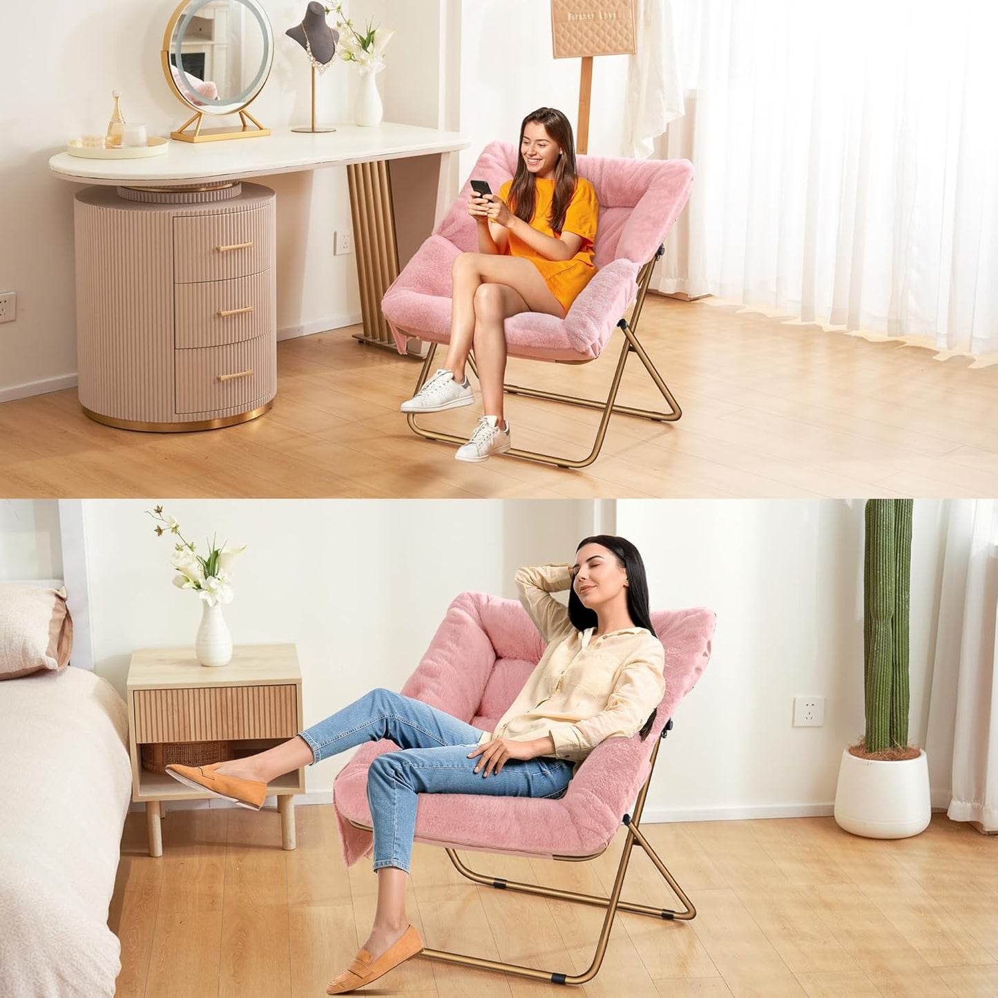 Comfy Saucer Chair for Adults, Foldable Living Room Chairs, Soft Faux Fur Lounge Chair for Bedroom, Reading Chairs, X-Large (Ottoman-Pink)