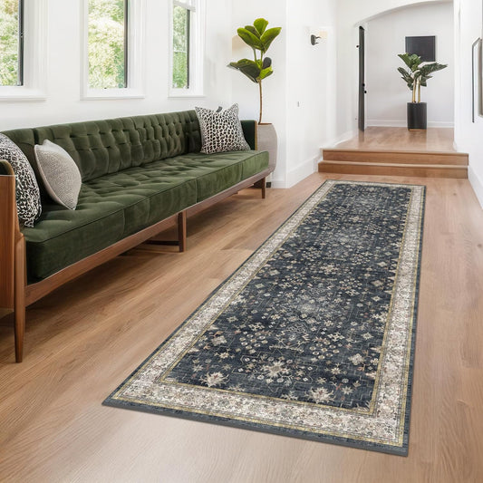 Black Boho Washable 3x10 Extra Long Hallway Runner Rug, Waterproof Large Kitchen Floor Rug Indoor, Non-Slip Stain & Fade Resistant, Vintage Floral Decor