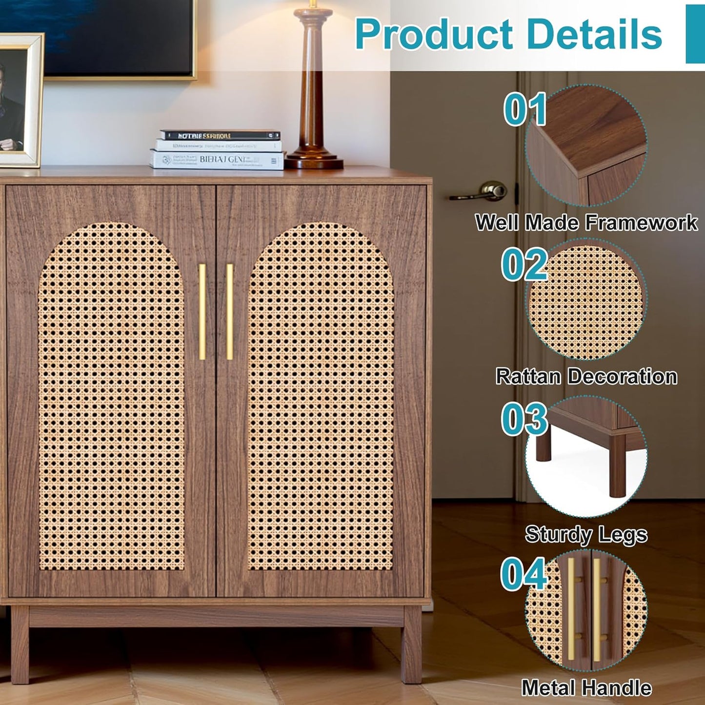 59" Sideboard Buffet Cabinet with Storage, Rattan Kitchen Buffet Storage Cabinet Set of 2, Modern Sideboard with Doors & Shelves for Living Room, Kitchen, Hallway, Dark Brown