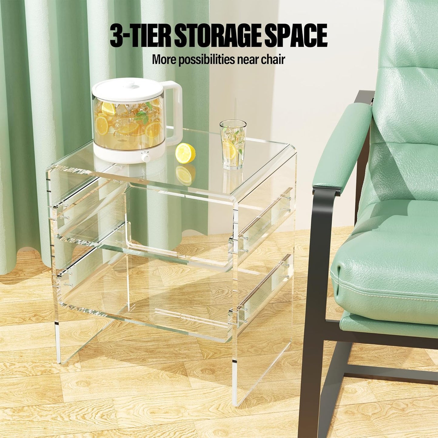 Acrylic 2-Tier Side Table with Storage Mini Modern End Table/Nightstand with Double Shelves for Bedroom, Living Room, and Bathroom Easy Assembly Clear