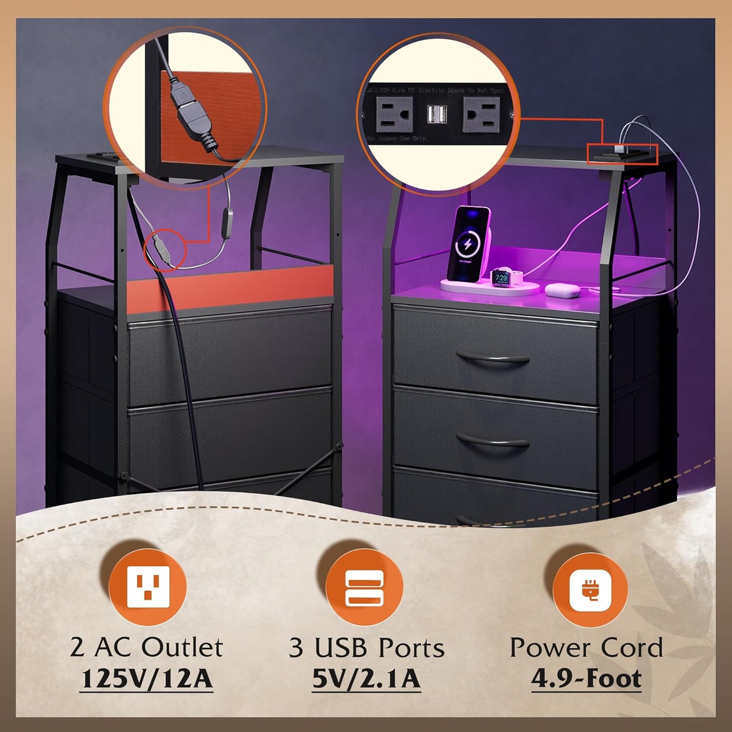 WLIVE Night Stand Set of 2 with Charger Station, Nightstand Sets with LED Light and 4 Storage Drawers, Tall Dressers for Bedroom, Bedside Tables with Fabric Bins, Wood Shelf, Metal Frame, Black