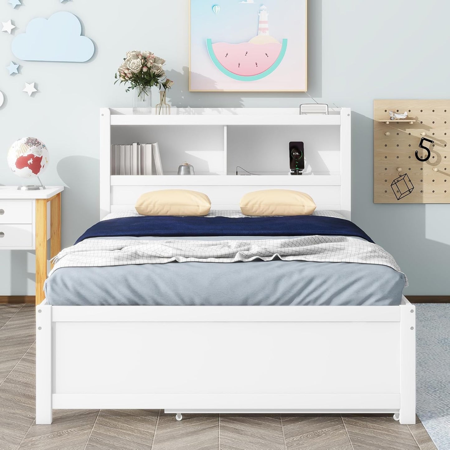 Full Size Pine Wood Platform Bed with Trundle,Drawers,2 Ports and 2 USB Plugs,Storage Bed with Pull Out Shelves,No Box Spring Needed,Perfect for Adults,Teens Bedroom Furniture,White