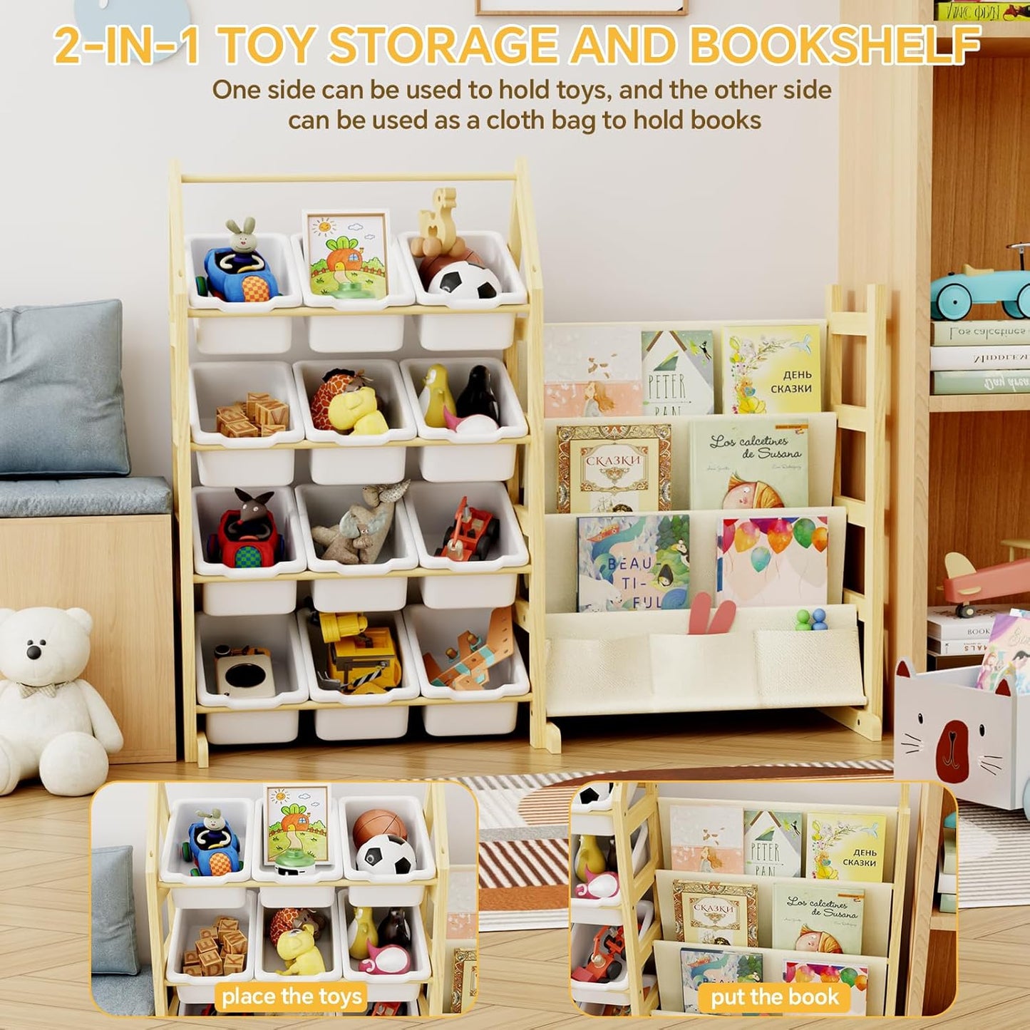 Wooden Toy Storage Organizer Kids Bookshelf, with 12 Toy Organizer Bins, Child Book Shelf for Kids Rooms, Nursery, Baby Room, Playroom, Montessori Toys Storage Organizers Rack Bookcase Shelves