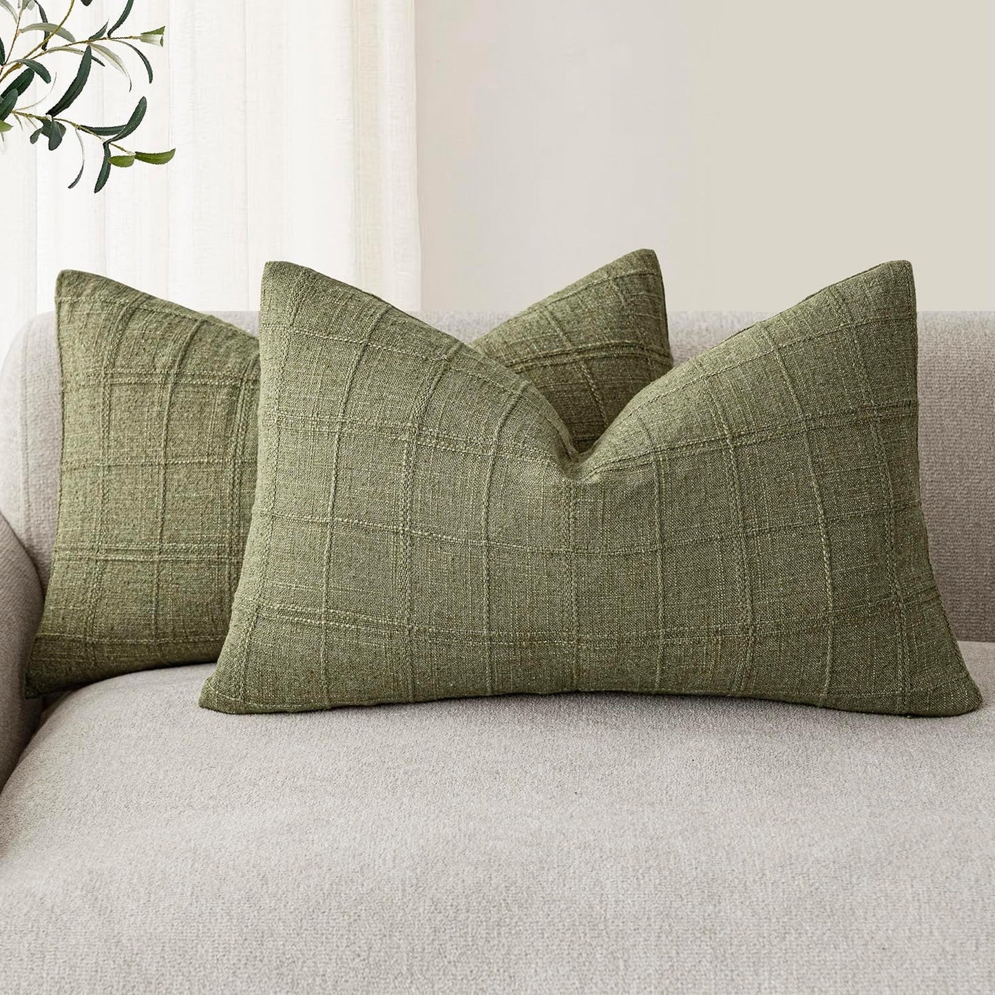 Foindtower Set of 2 Decorative Linen Check Throw Pillow Covers Neutral Farmhouse Lumbar Cushion Covers Modern Boho Home Decor for Sofa Chair Couch Bedroom Living Room Outdoor,12×20 Inch,Sage Green