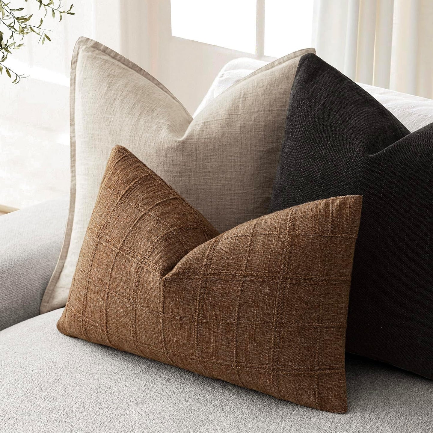 Foindtower Set of 2 Decorative Linen Check Throw Pillow Covers Neutral Farmhouse Lumbar Cushion Covers Modern Boho Home Decor for Sofa Chair Couch Bedroom Living Room Outdoor,12×20 Inch,Brown Hazel