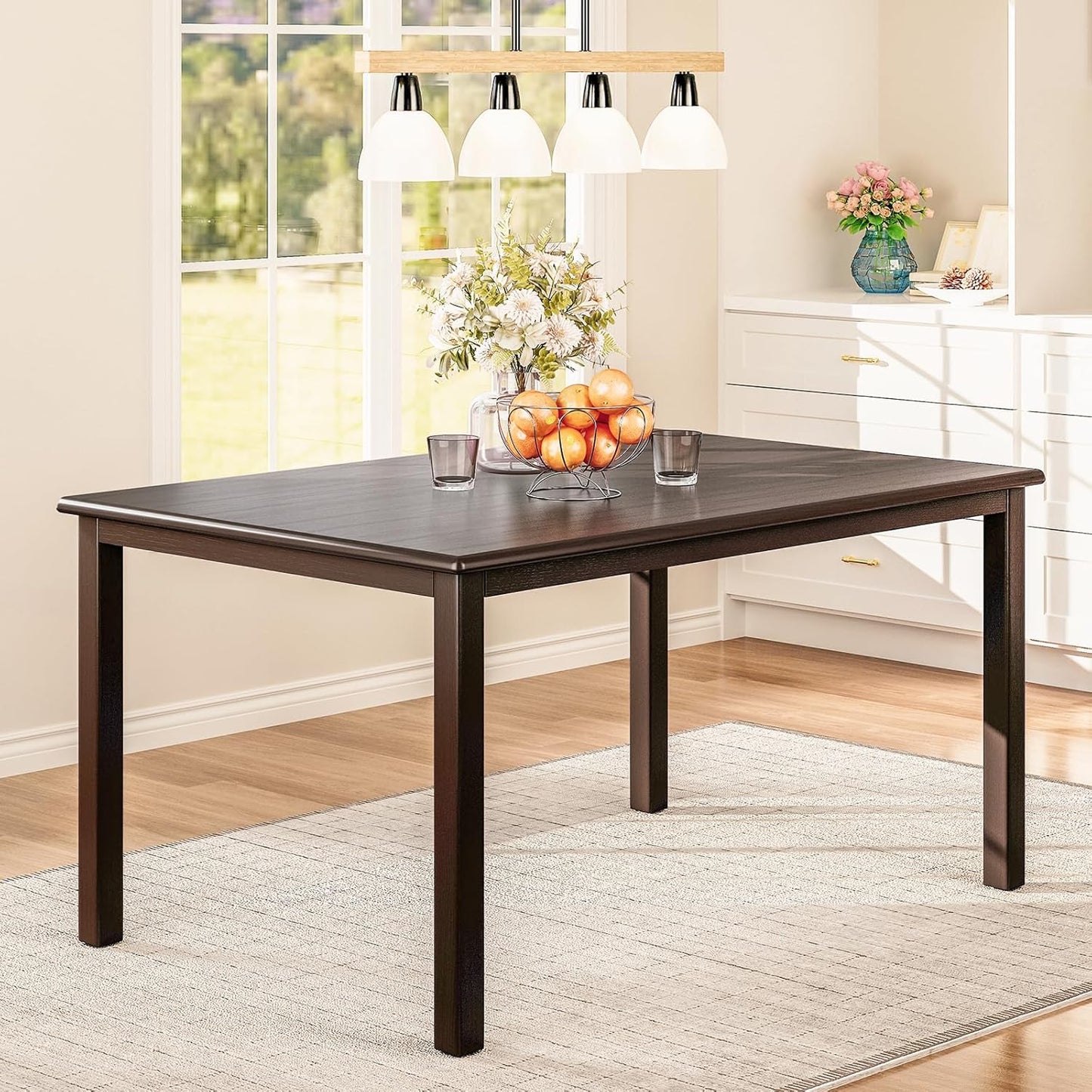 COLAMY 7-Piece Dining Table Set for 6, 60" Rectangular Kitchen Wood Table with 6 Wingback Dining Room Chairs, Brown/Beige