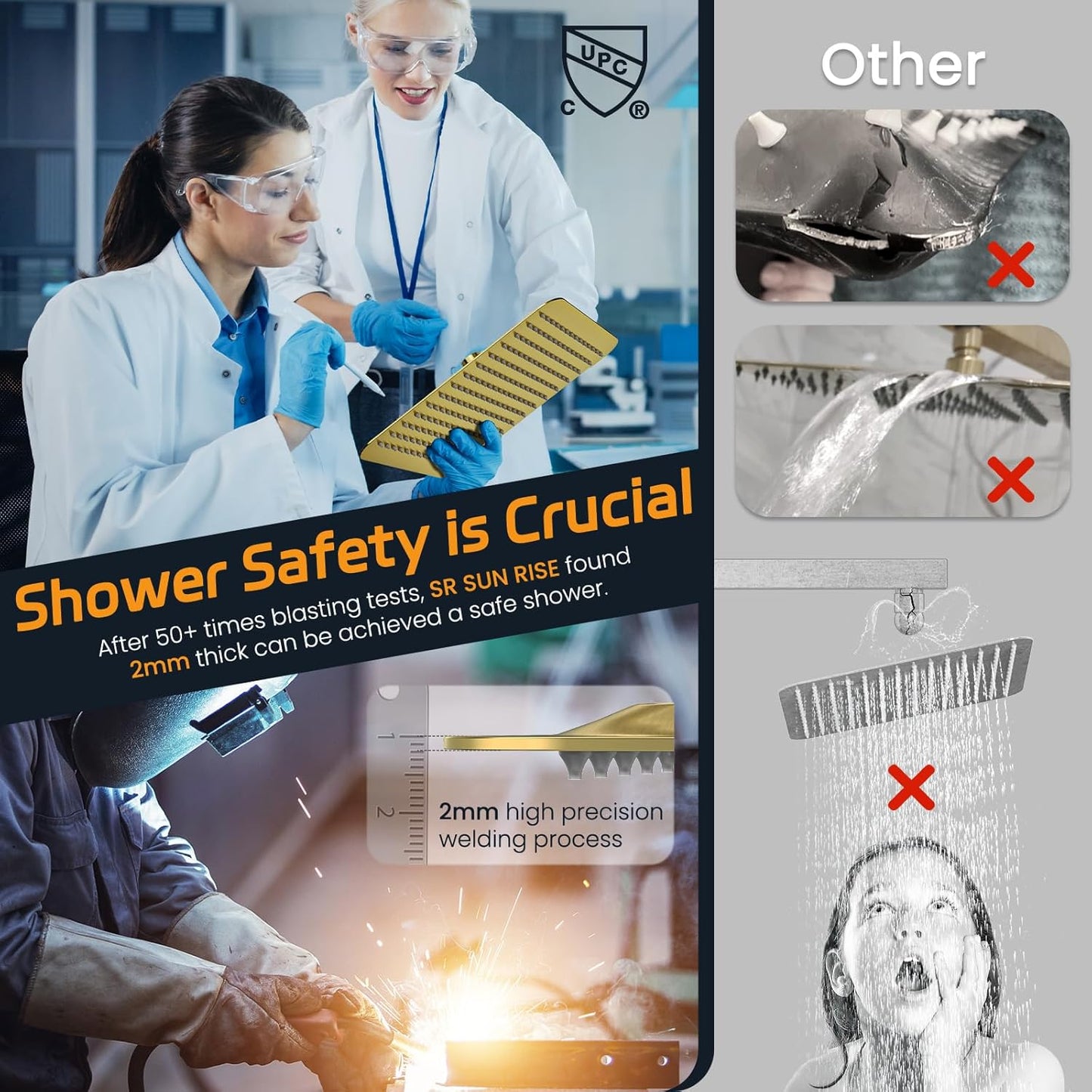 SR SUN RISE Shower Faucets Sets Complete Brushed Gold Square Rain Shower Head with Handheld Spray All Metal Shower Faucet Trim Repair Kits (Contain Shower Valve)