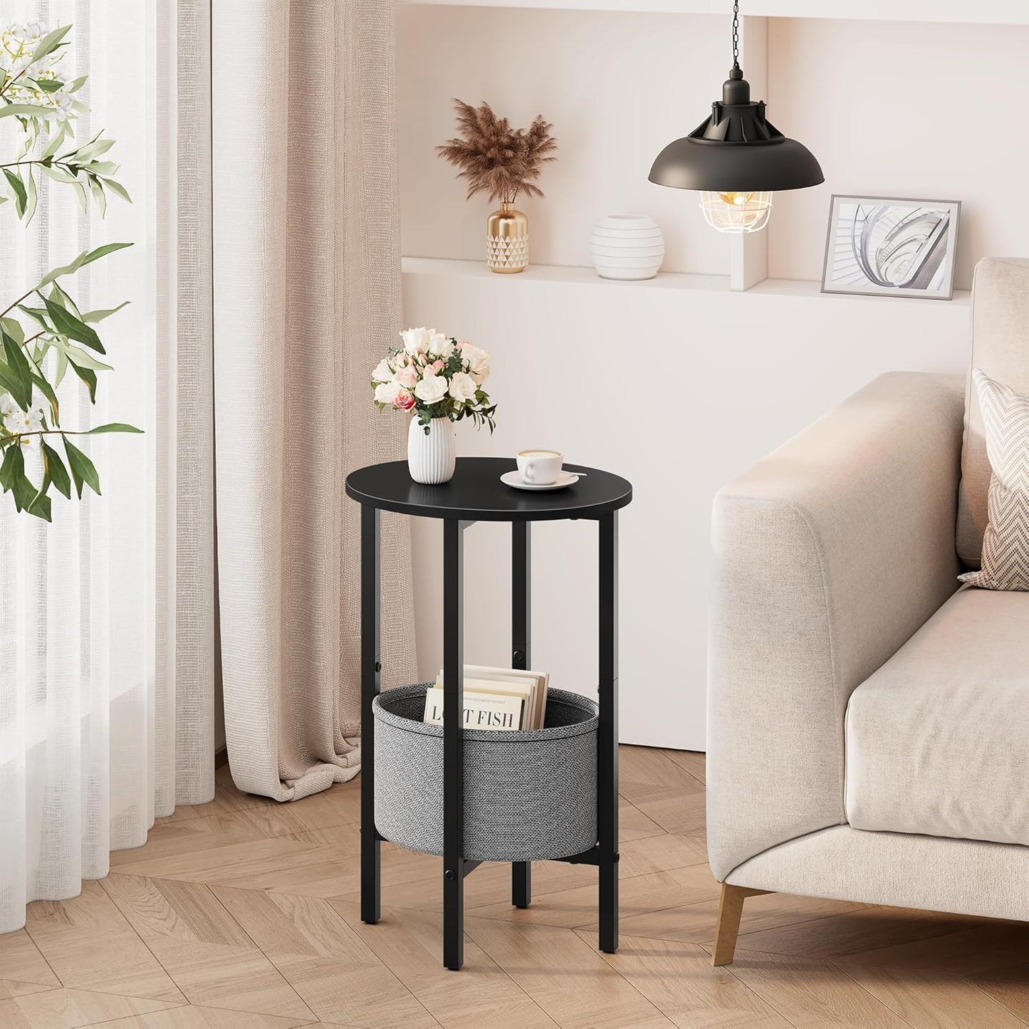 Vagusicc Round Side Table End Table with Storage Basket, Small Side Table Round Nightstand for Small Spaces, Tall Oval End Table with Steel Frame, Coffee Bedside Table for Living Room Bedroom, Black