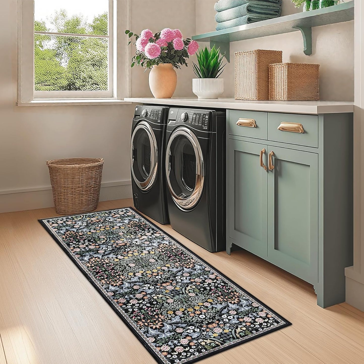 Runner Rug for Entryway: 2x6 Kitchen Rugs Non Slip Washable Ultra-Thin Soft Floral Carpet Indoor Stain Resistant Carpets for Hallway Bedroom Kitchen Laundry Bathroom Dorm Dark Black