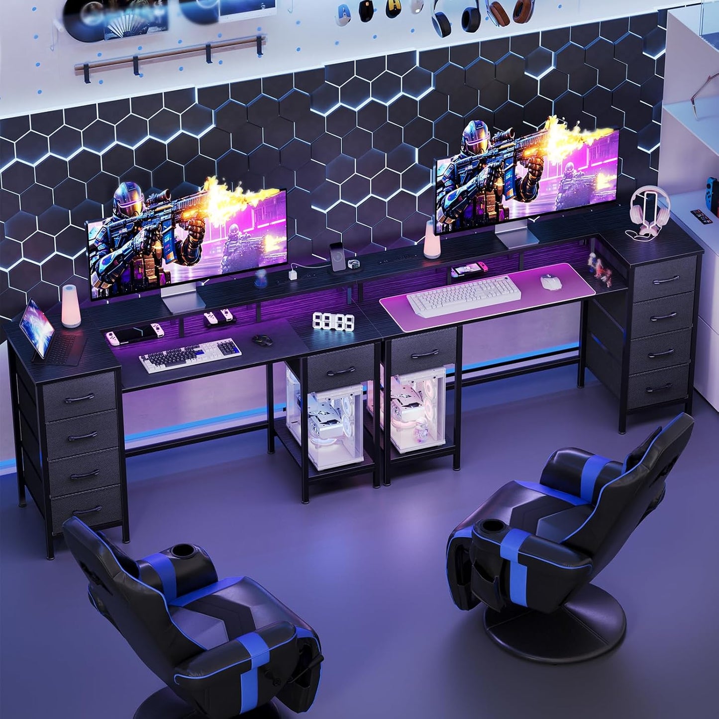 47 Inch Computer Gaming Desk with Power Outlets & LED Lights Reversible Home Office Desk with Adjustable 5 Fabric Storage Drawers for Working Writing Study, Black