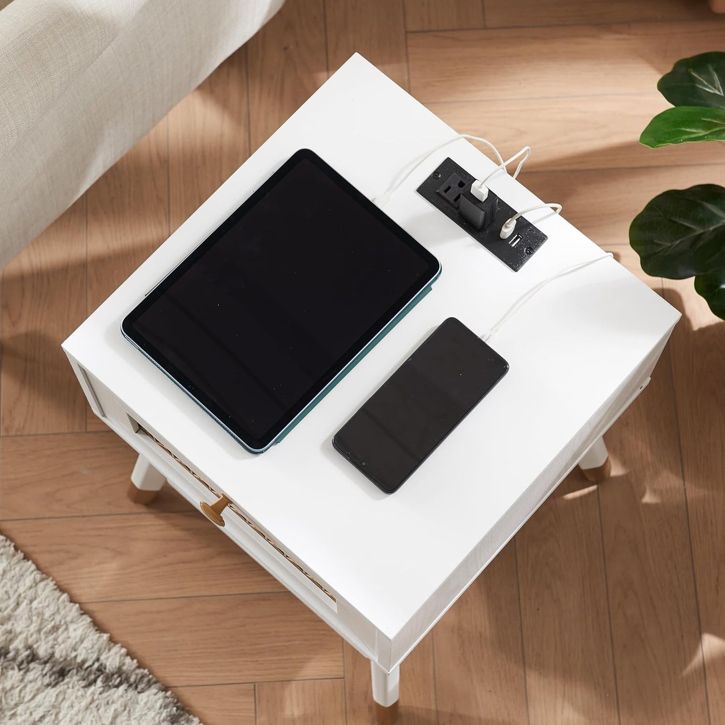 Modern Style Side Table, End Table with Drawer and Shelf for Living Room, Square Wooden Small Nightstand, White