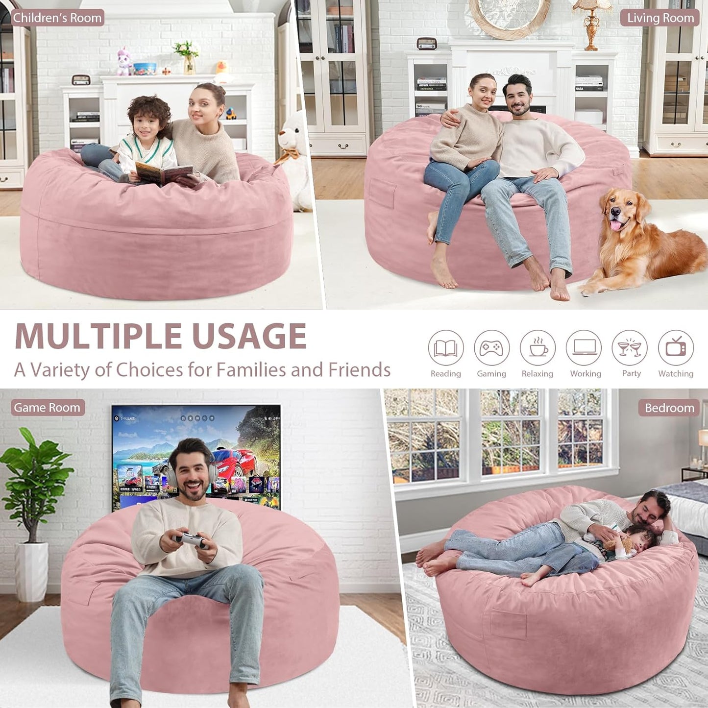 4FT Bean Bag Chair, Large Bean Bag Chairs with Memory Foam Filled, Fluffy Beanbag Sofa with Dutch Velvet Cover, Round BeanBag Chairs for Living Room, Playroom - Light Pink