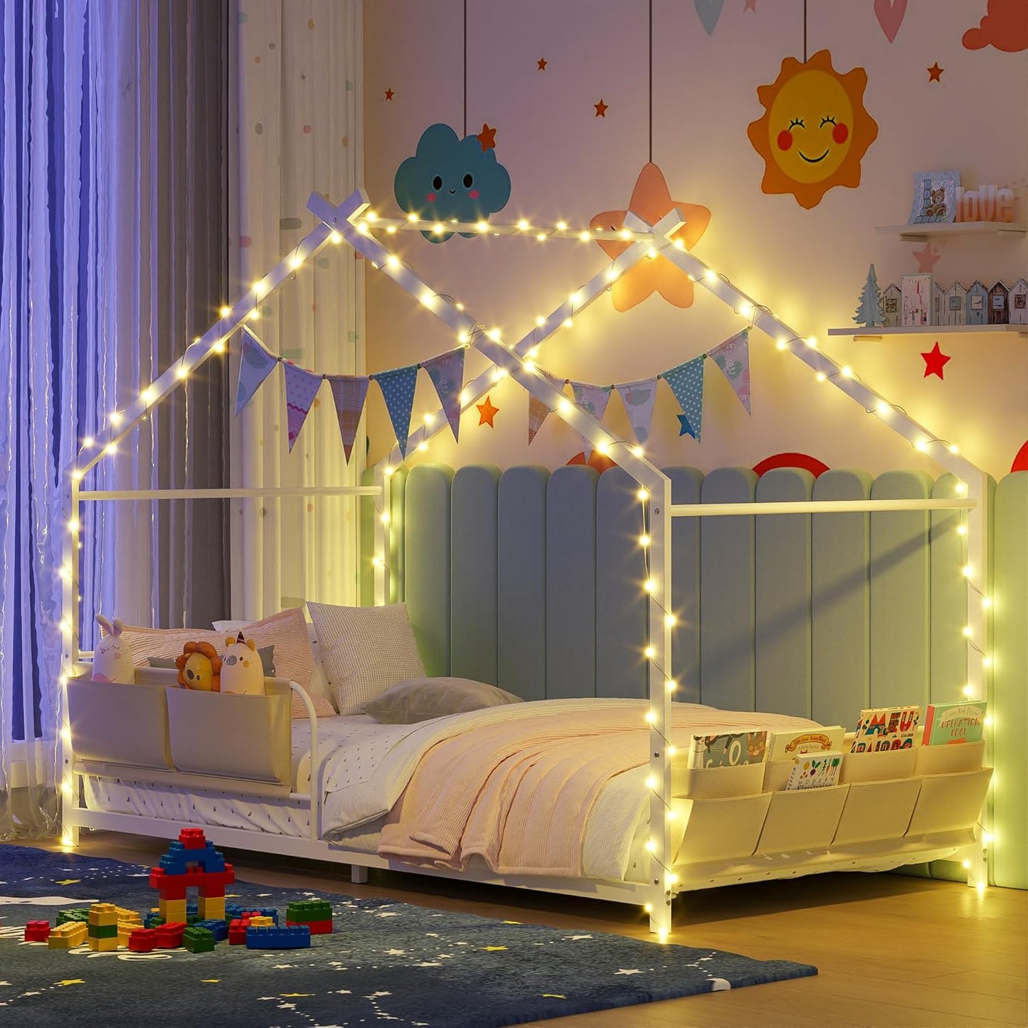 Timy House Shape Twin Size Montessori House Bed Metal Floor Bed with Caddy Twin Bedframe for Kids No Box Spring Needed White