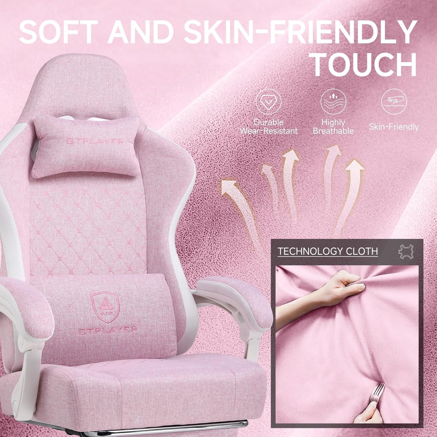 GTPLAYER Office Chair, Gaming Computer Desk Fabric Chair with Footrest, High Back Ergonomic Office Chair with Pocket Spring Lumbar Support and Linkage Armrests Adjustable Height Swivel for Home Task