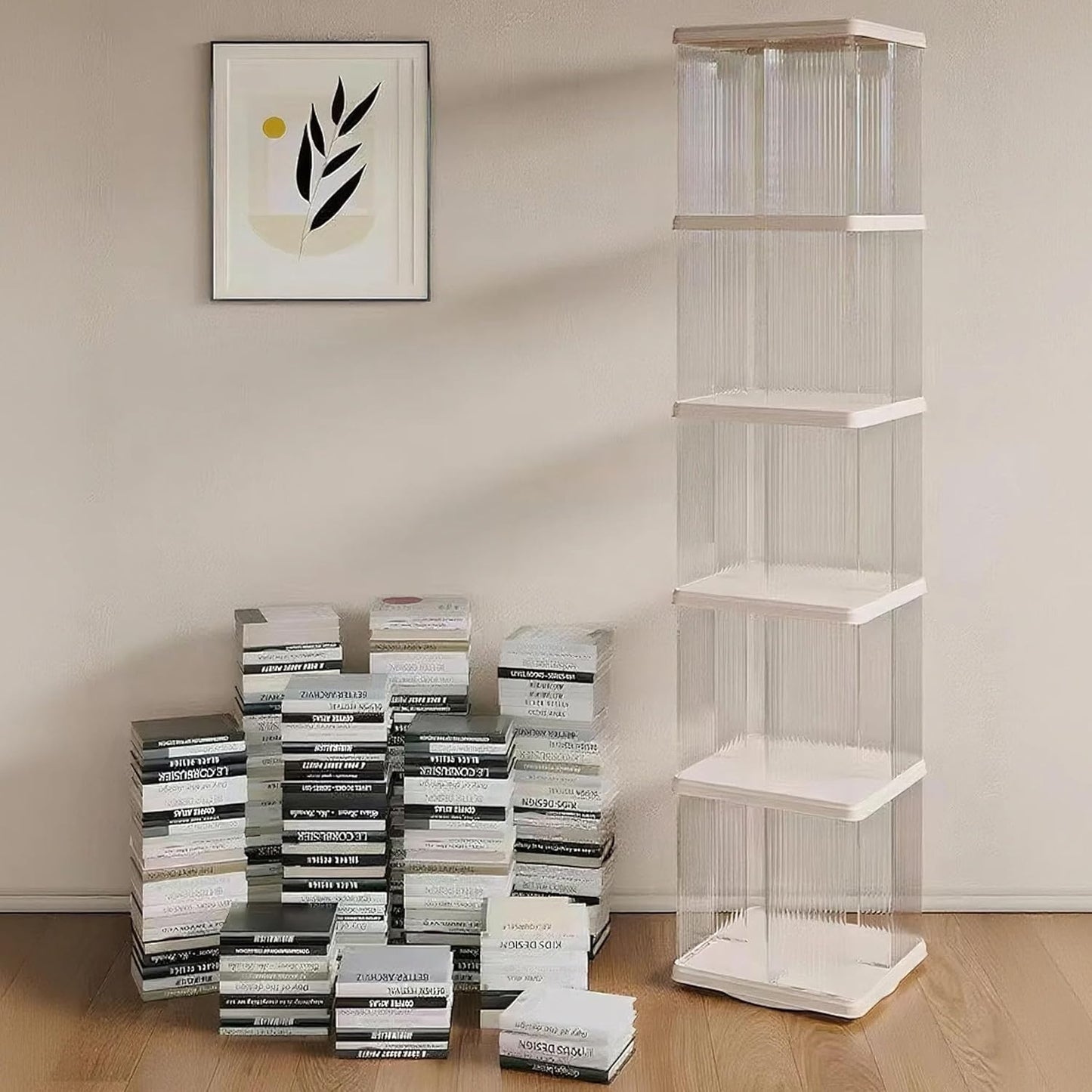 Rotating Bookshelf Tower, 360-Degree rotating bookshelves , Small-Space Corner Spinning Bookshelf , Revolving Bookcase Suitable for Bedrooms, Living Rooms, Studies and Offices (Rectangular，White）