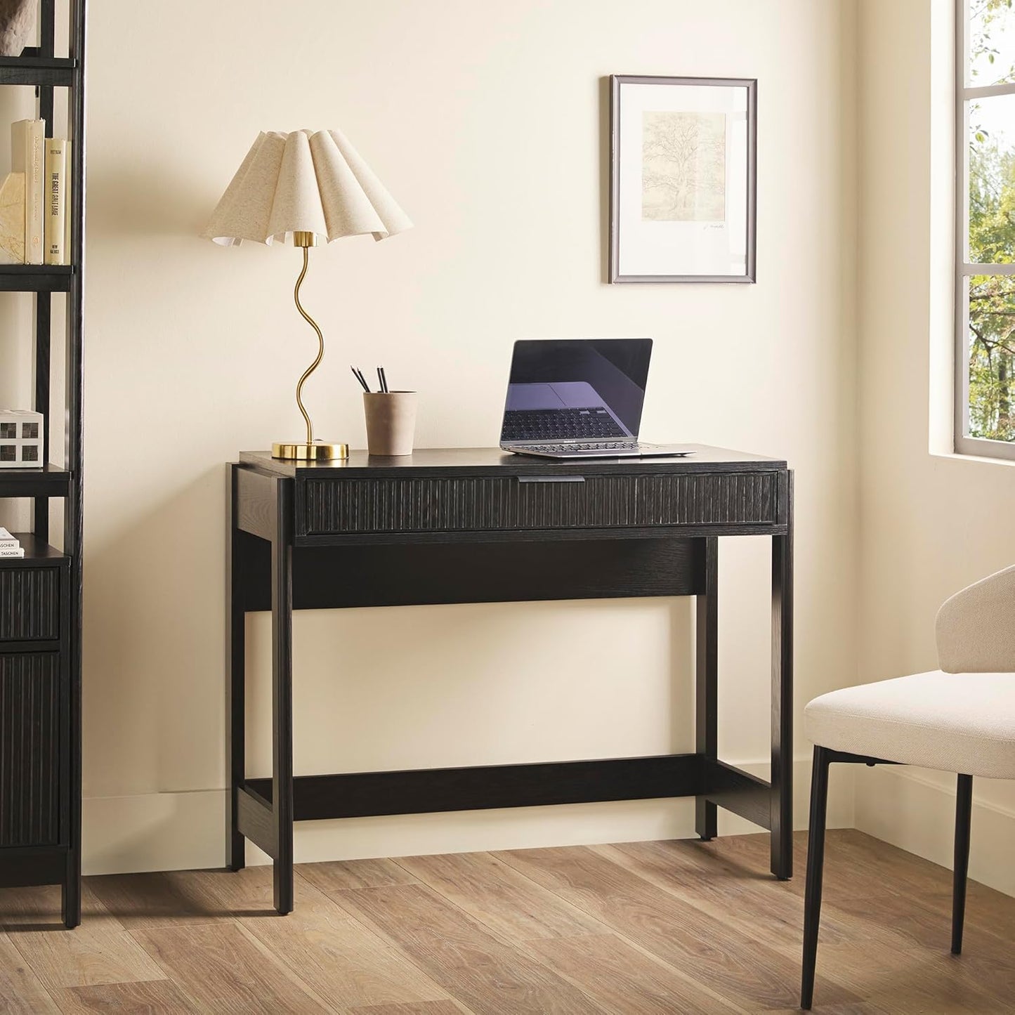 Walker Edison Transitional Office Design, Reeded Drawer Front Detail, Writing Desk with Drawer, Spacious Desktop, Complementary in Living Spaces, 38”W x 16.75”D x 30”H, Black