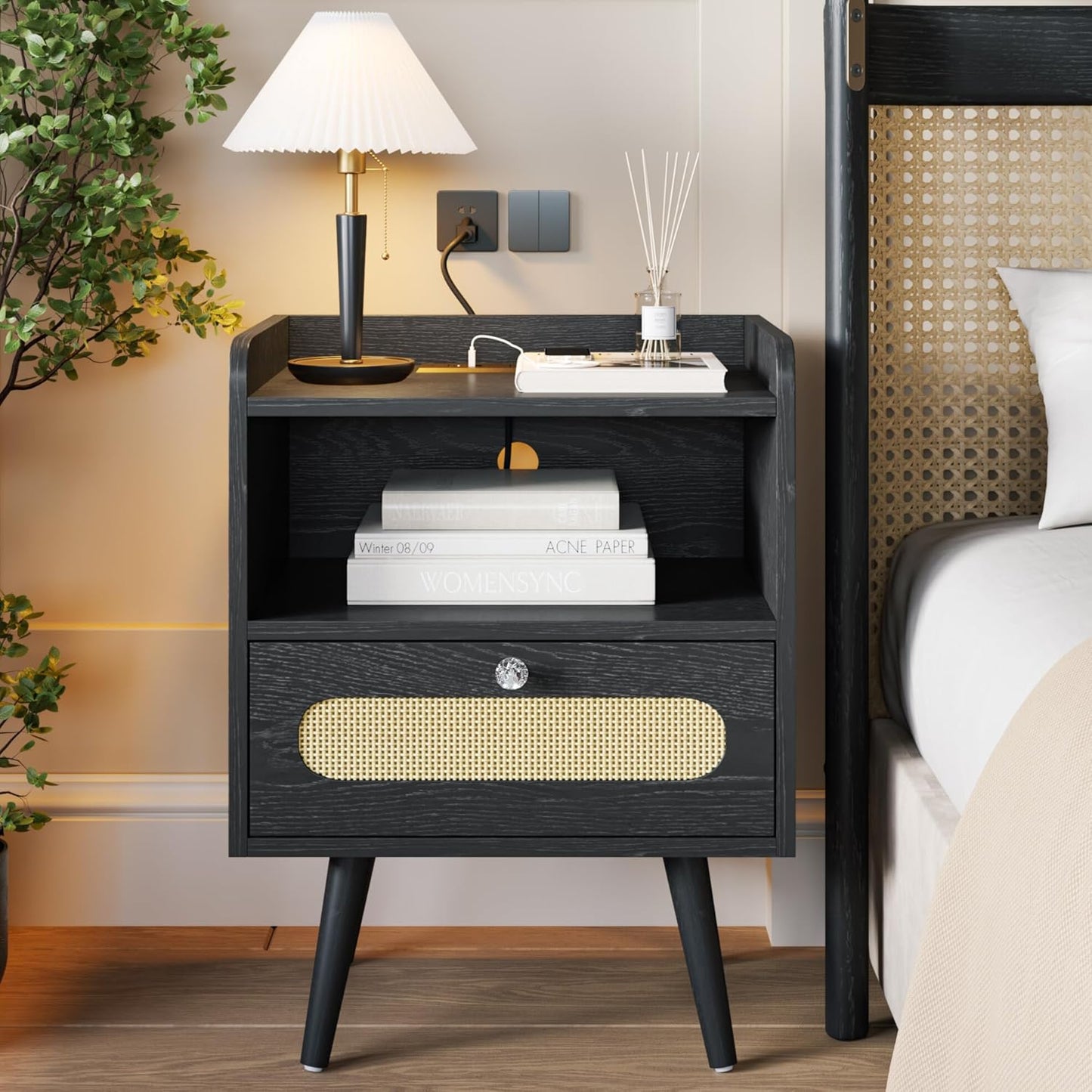 Diamond Décor End Table, Nightstand with Charging Station, Bedside Table with Solid Wood Legs, Black