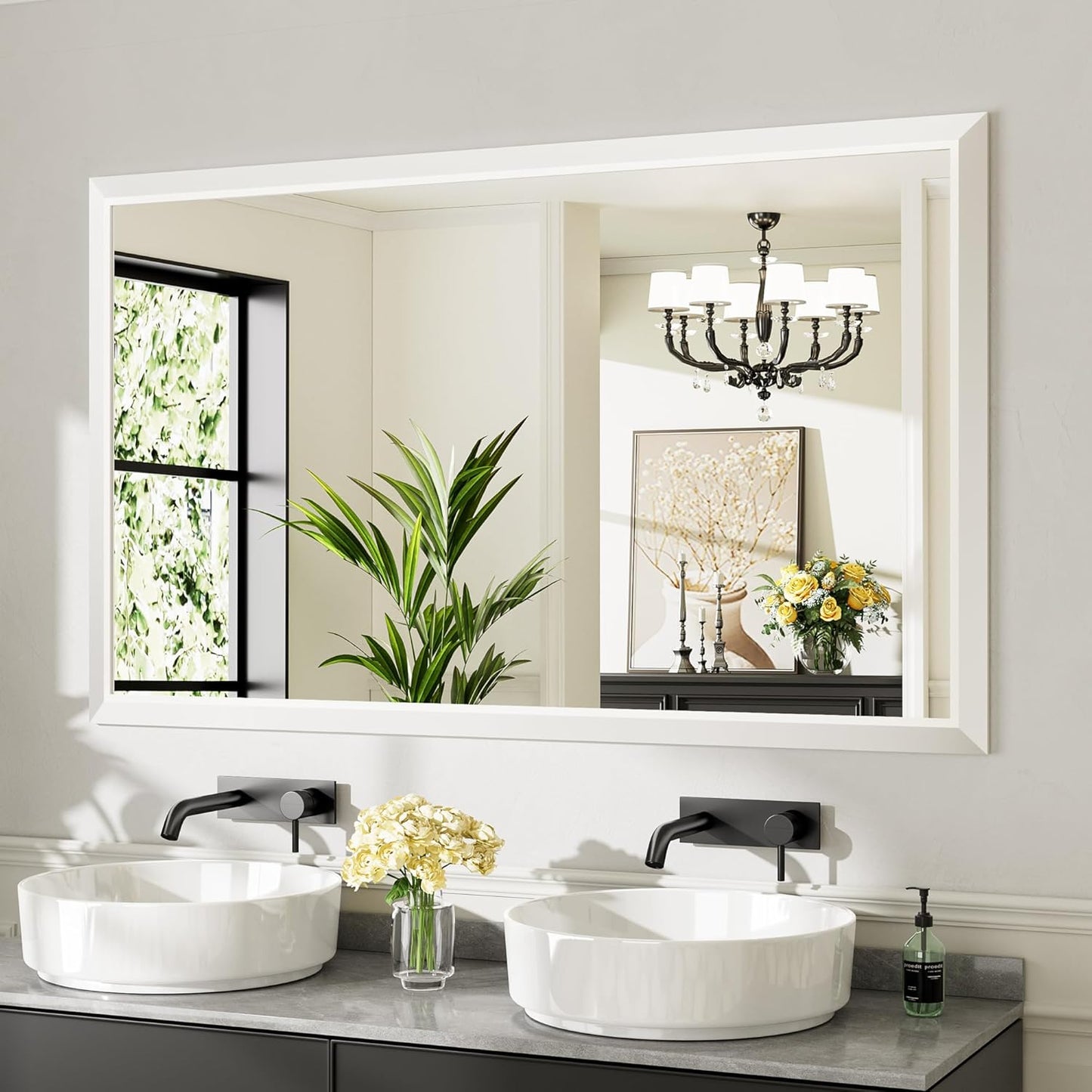 60x36 Inch White Bathroom Mirror for Wall, Thick Metal Framed Rectangle Mirrors for Over Sink, Bedroom, Living Room, Entryway, Anti-Rust, HD Tempered Glass